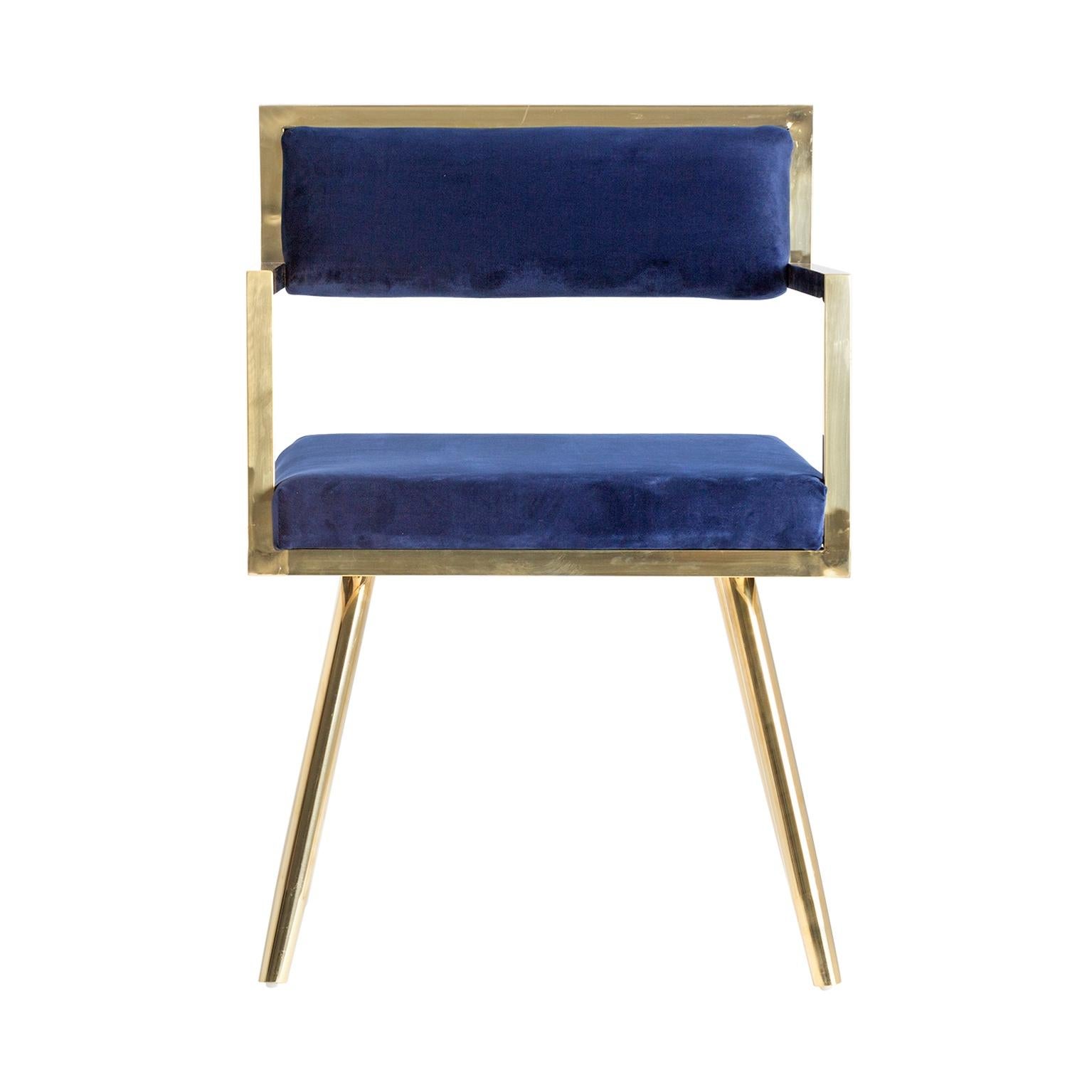 Set of Six Dining Armchairs in Deep Blue Velvet and Gilded Metal 2