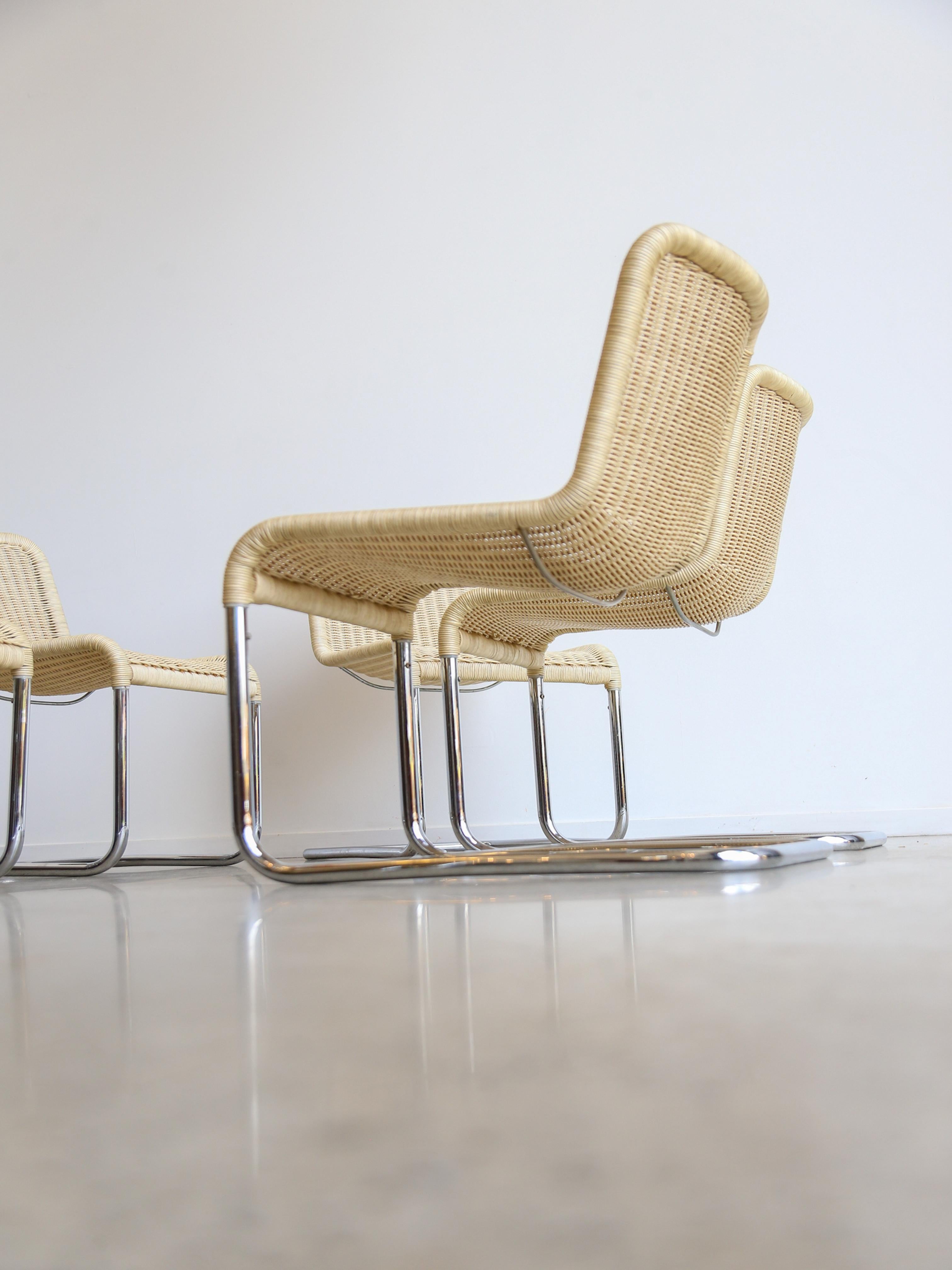 Set of Six Dining Chairs by A.Lorenz for Tecna in Chrome & Rattan 4