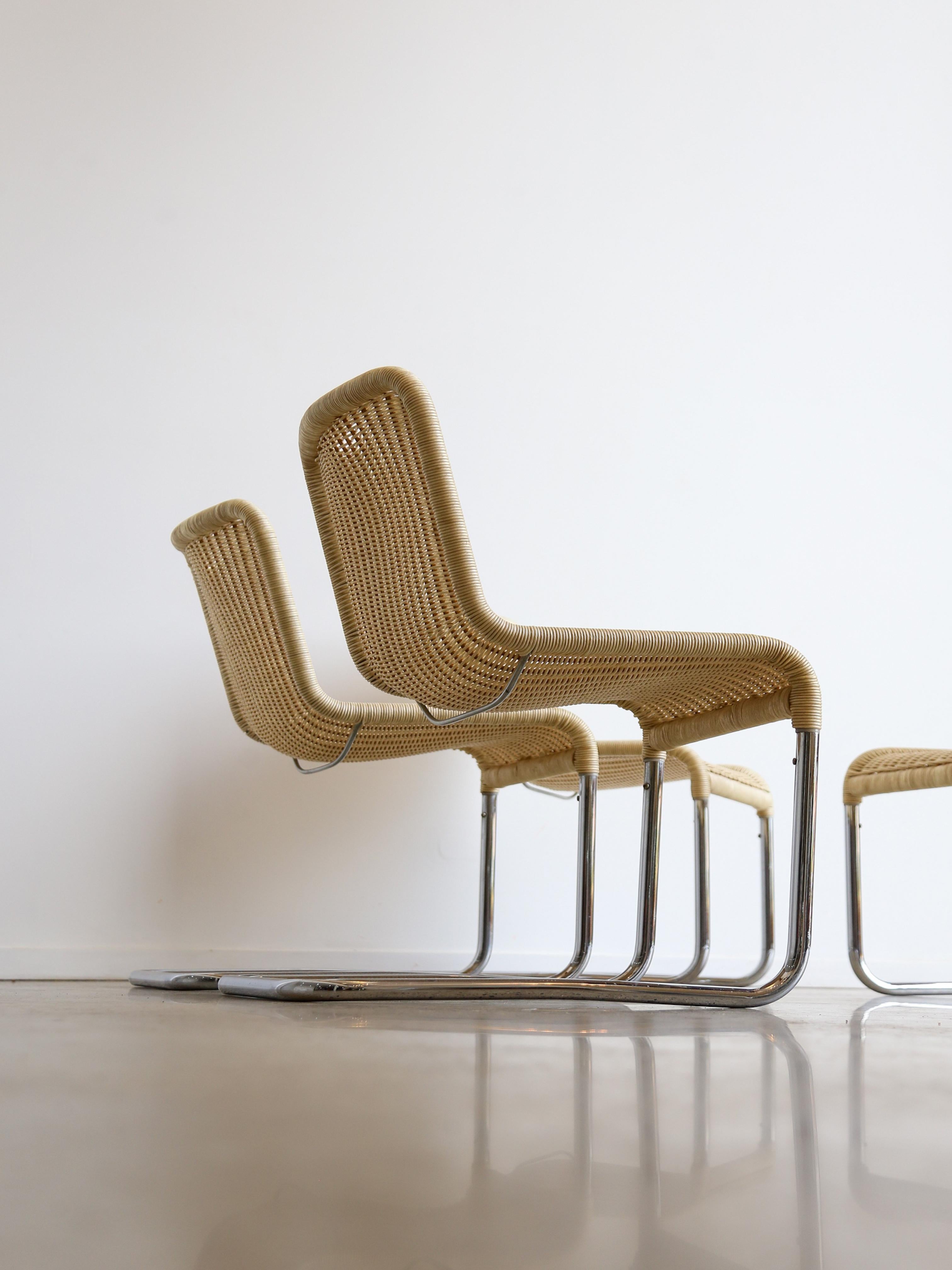 Set of Six Dining Chairs by A.Lorenz for Tecna in Chrome & Rattan 5