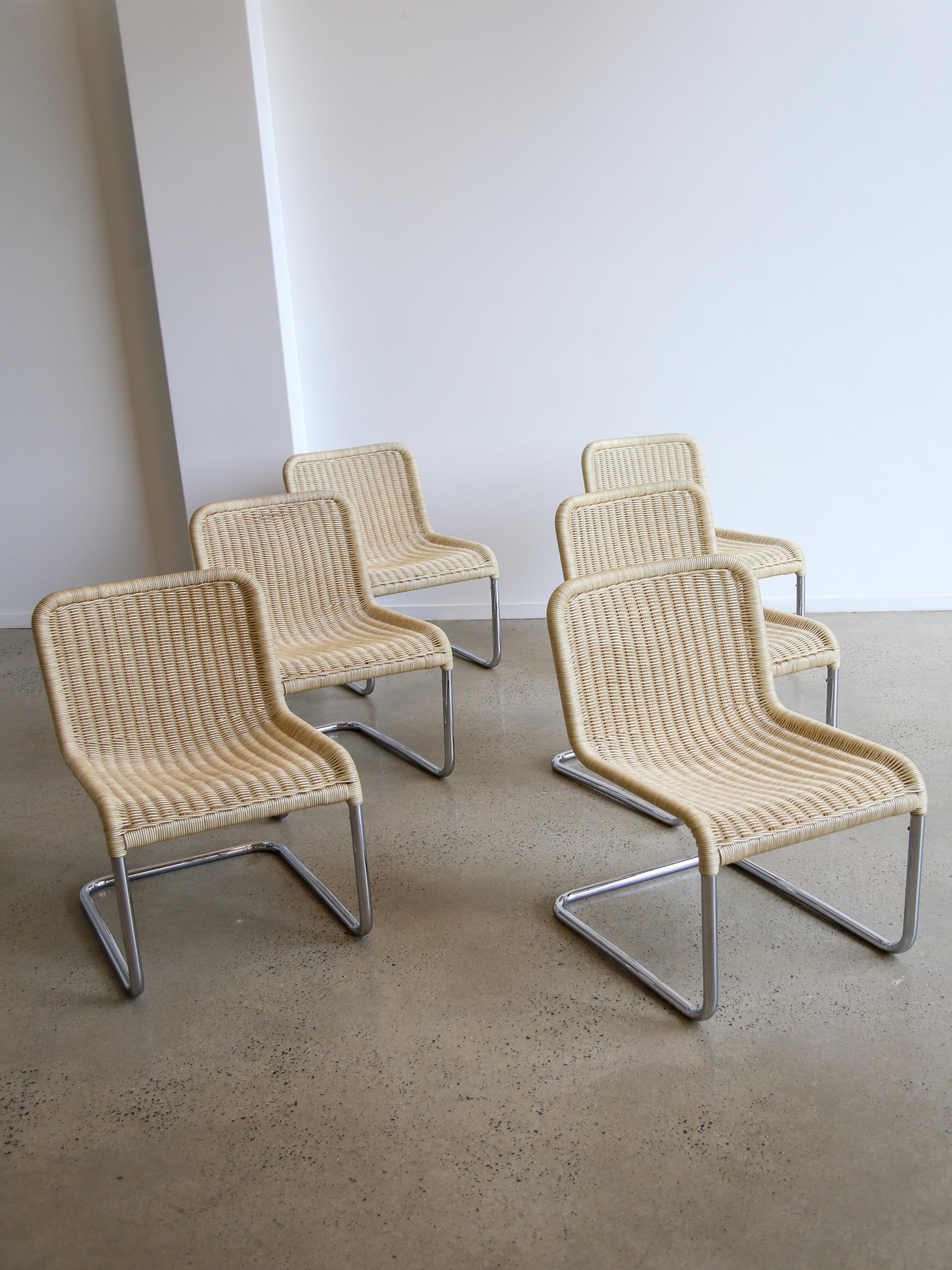 Set of Six Dining Chairs by A.Lorenz for Tecna in Chrome & Rattan 10