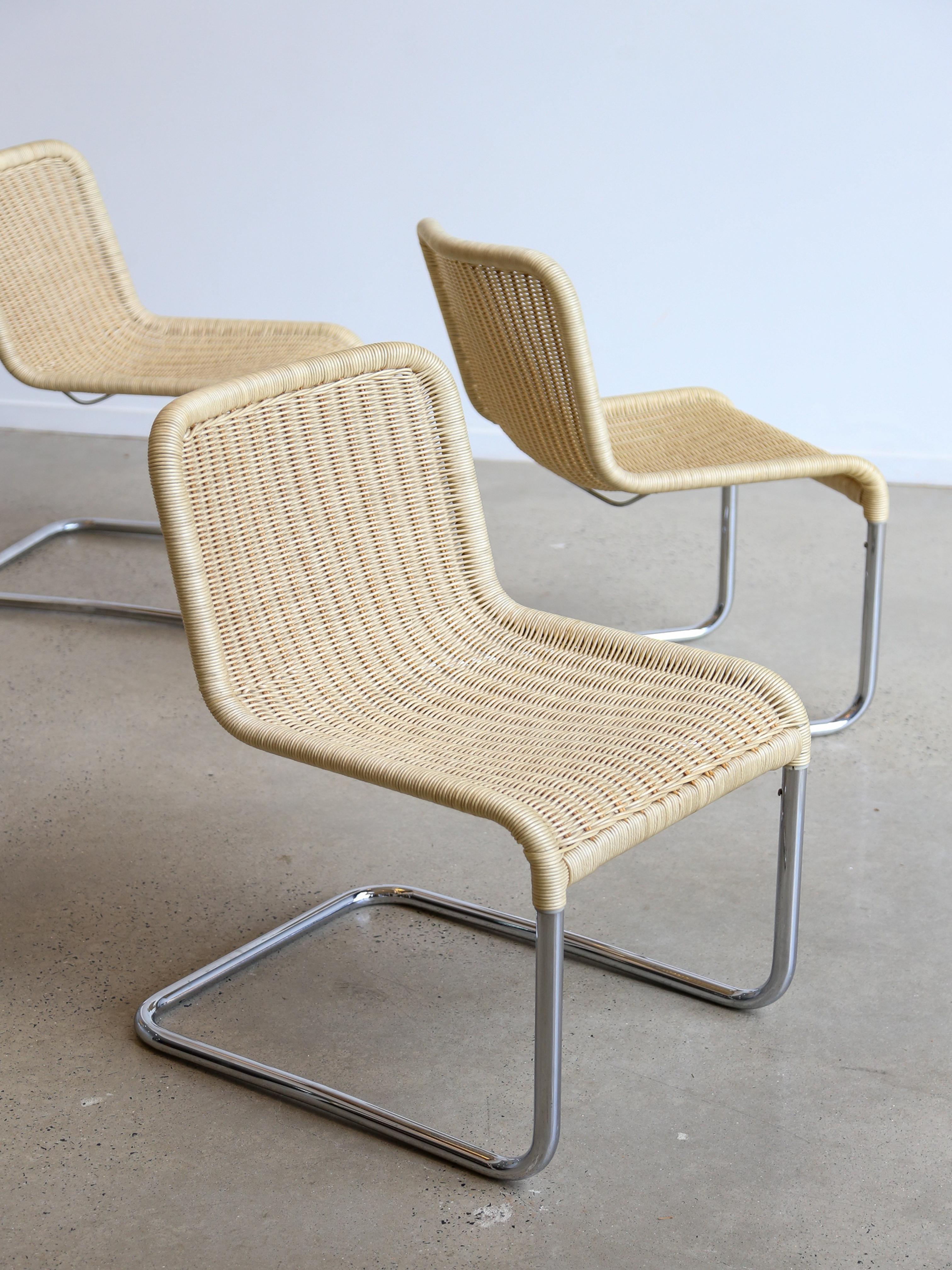 Mid-Century Modern Set of Six Dining Chairs by A.Lorenz for Tecna in Chrome & Rattan