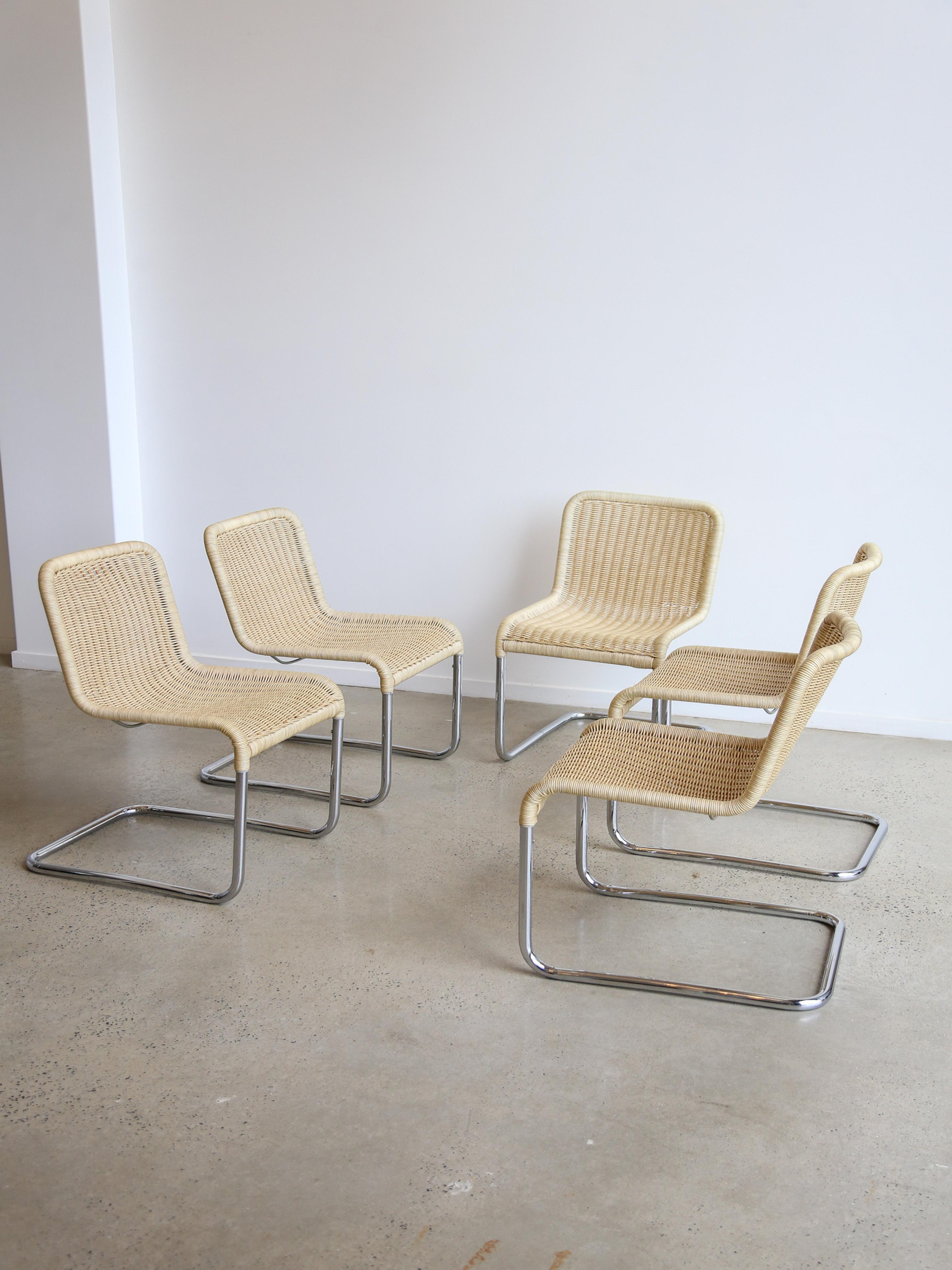 German Set of Six Dining Chairs by A.Lorenz for Tecna in Chrome & Rattan