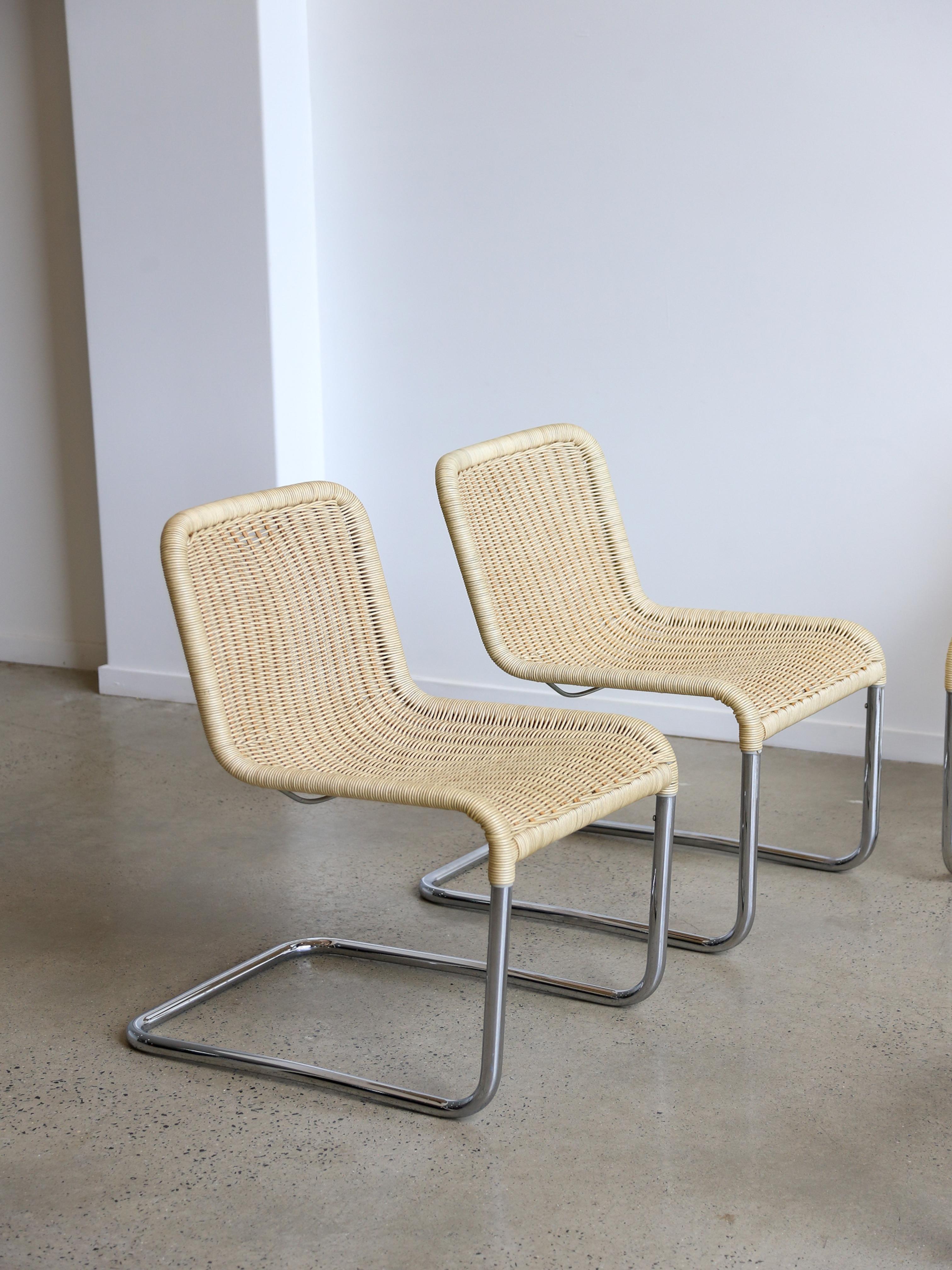 Late 20th Century Set of Six Dining Chairs by A.Lorenz for Tecna in Chrome & Rattan