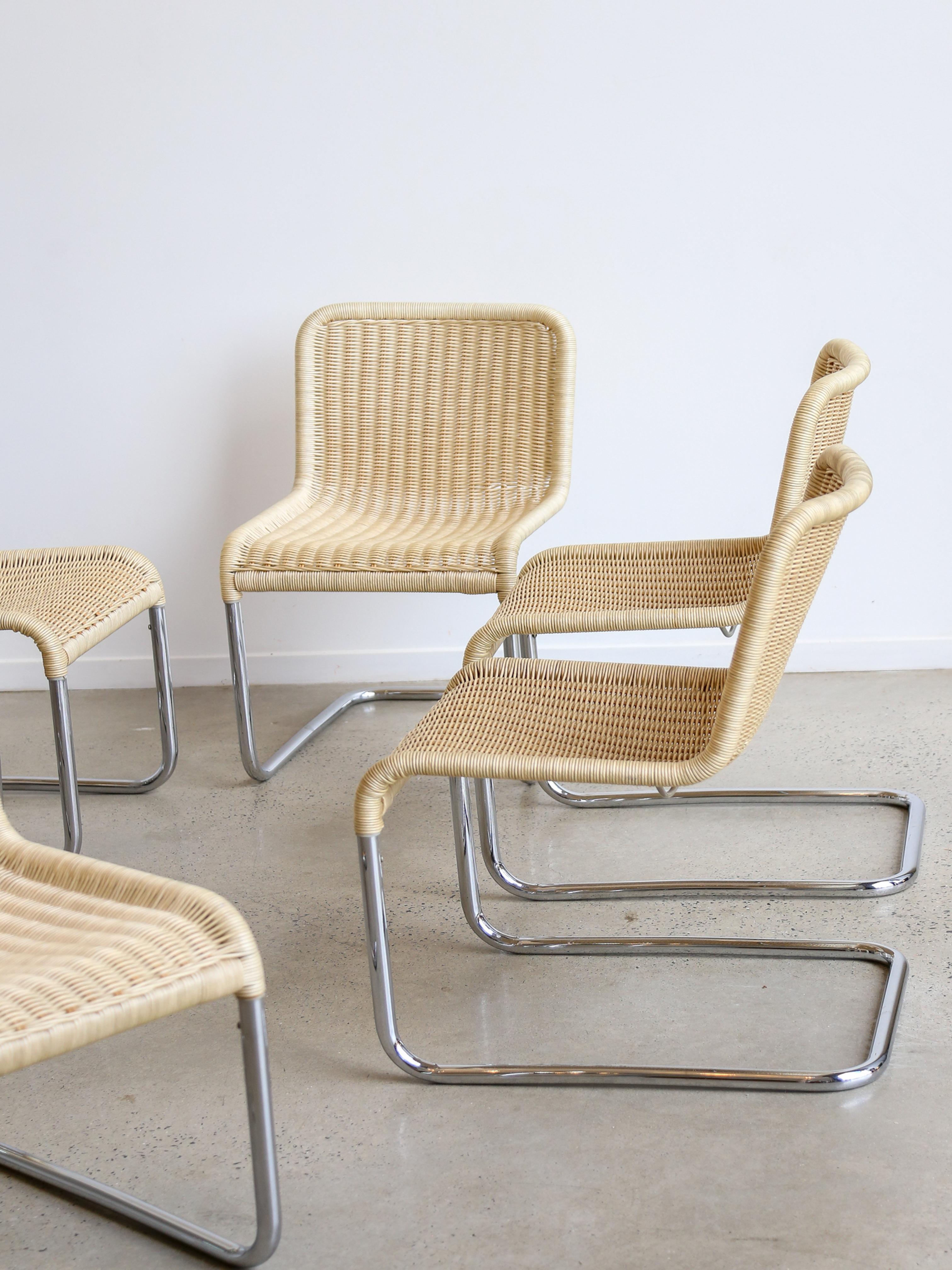 Set of Six Dining Chairs by A.Lorenz for Tecna in Chrome & Rattan 1