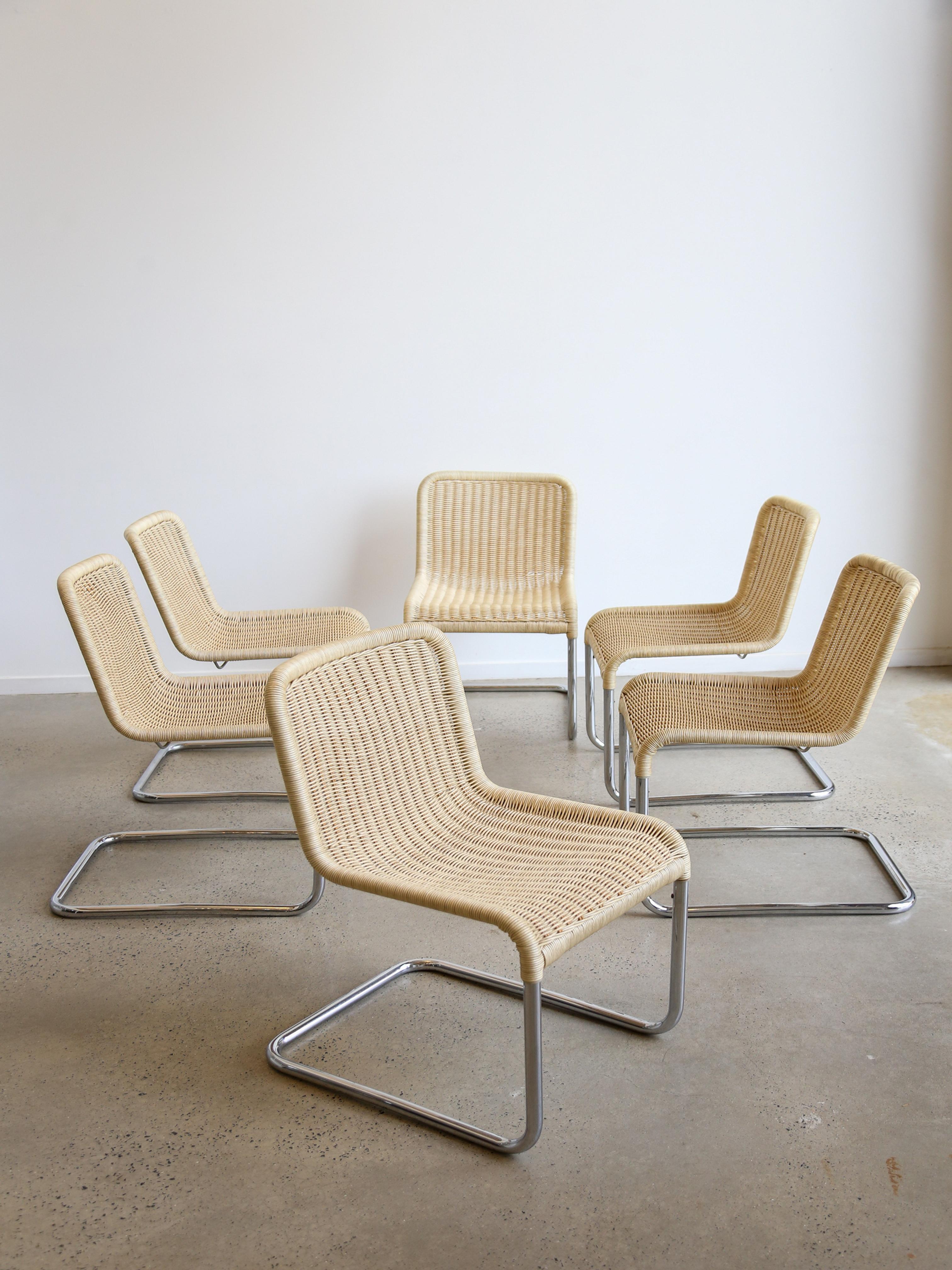Set of Six Dining Chairs by A.Lorenz for Tecna in Chrome & Rattan 2