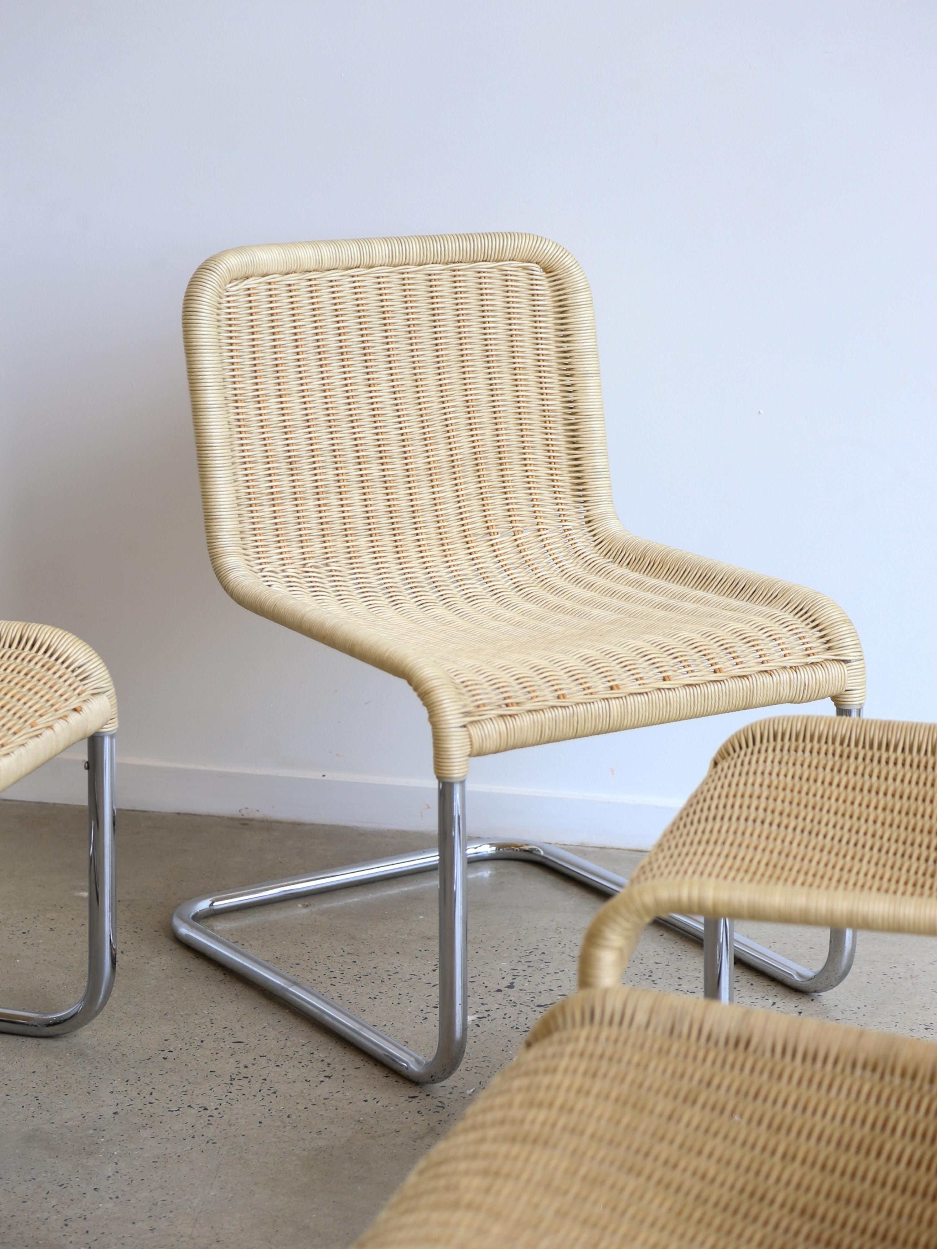 Set of Six Dining Chairs by A.Lorenz for Tecna in Chrome & Rattan 3