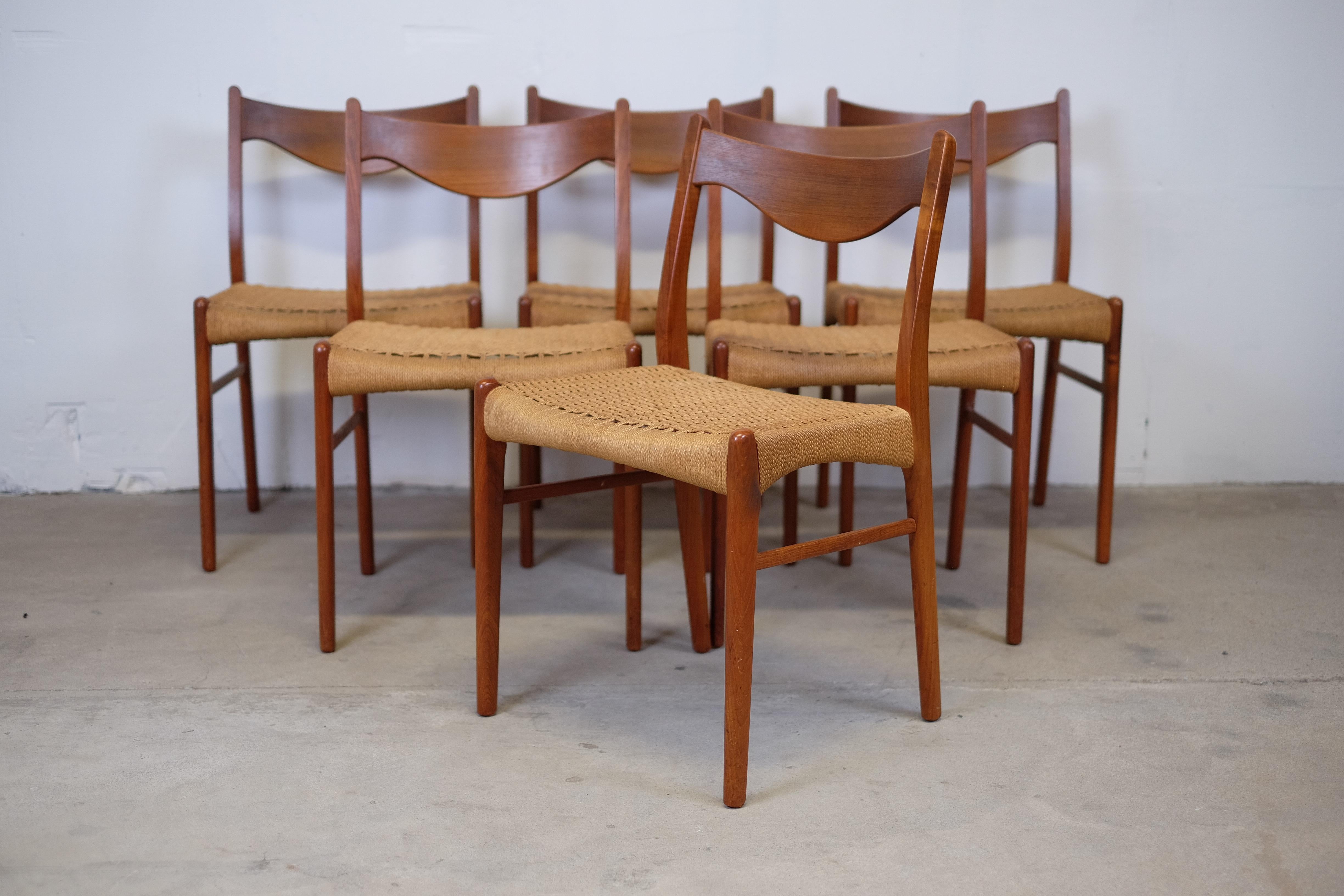 These chairs features solid teak frame with woven cord. The chairs are designed by Arne Wahl Iversen for Glyngøre Stolefabrik. 
These chairs have beautiful, refined details such as the curved seat sides and sculptural backrest.

The chairs are in