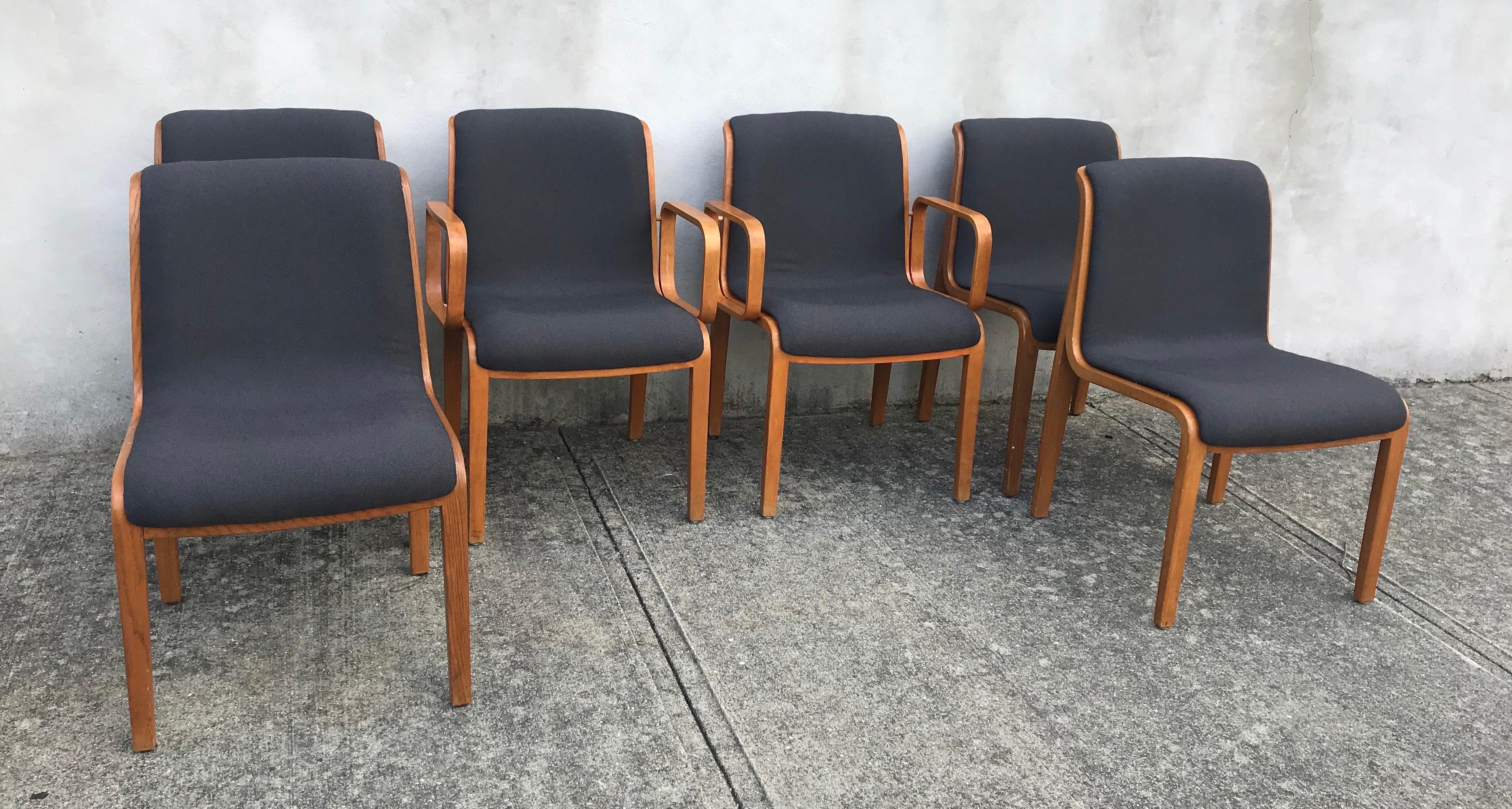 Beautiful set of six bentwood frame dining chairs by Bill Stephens for Knoll. Reupholstered in Knoll KT Collection fabric, hop sack slate grey.