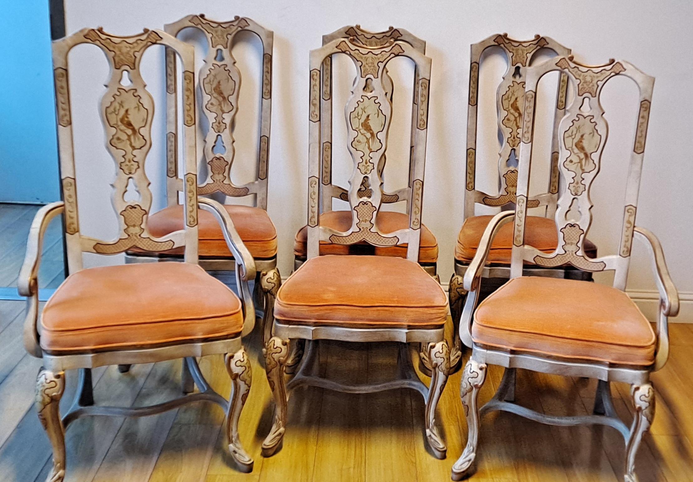 Set of Six Dining Chairs by Drexel Heritage Collection

Cream painted with Asian motif

Stretcher base frames

Two arm and four side chairs

Orange upholstered seats

Armchairs 23 x 23 x 44

Side chairs 20.5 x 21.5 x 44

Seat height 19