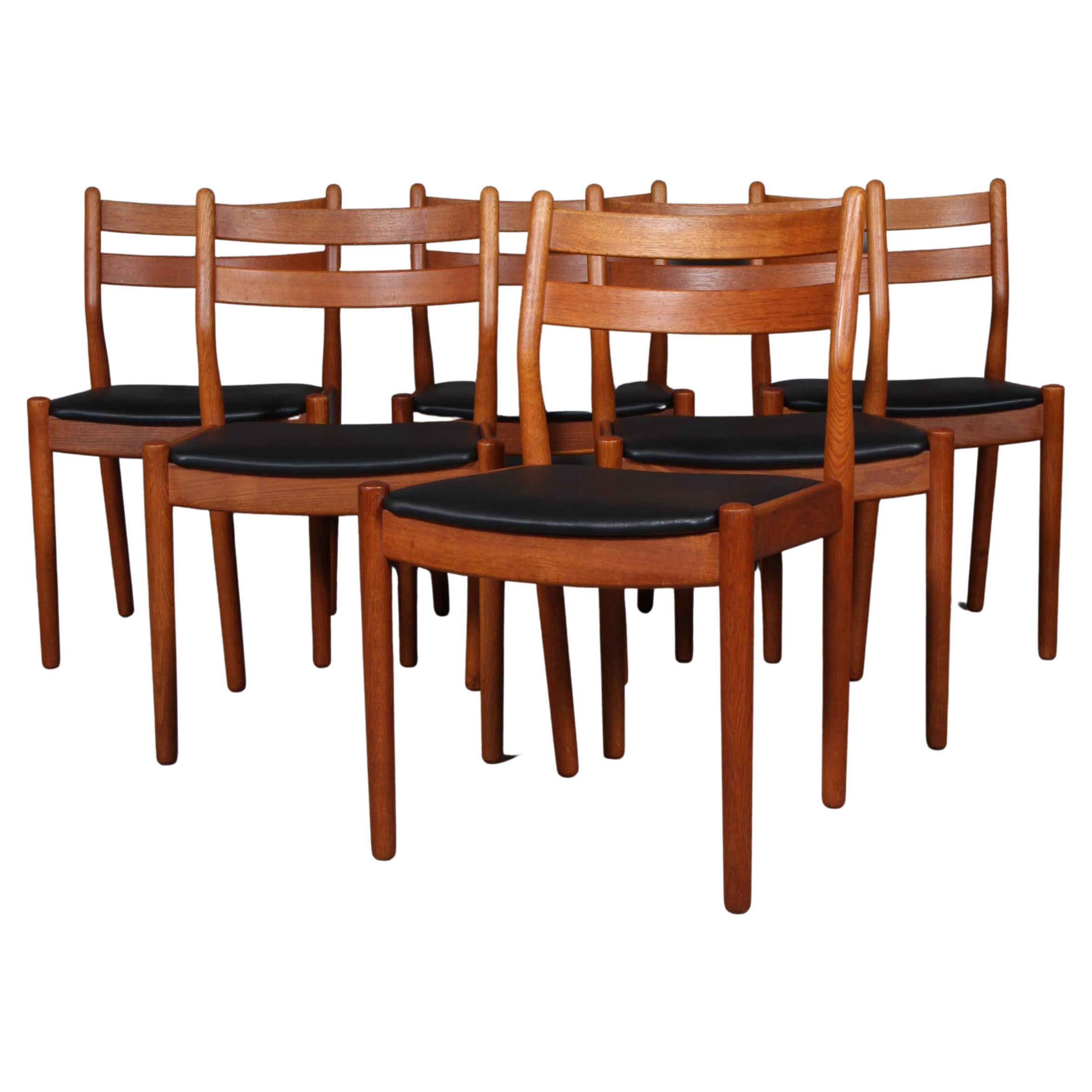 Set of Six Dining Chairs by Poul Volther, Oak and Leather