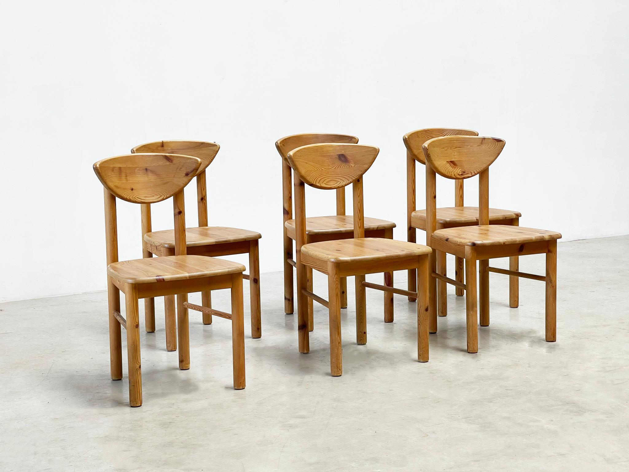 Set of 6 rustic and well known chairs by Rainer Daumiller. Rainer Daumiller is known for his furniture in solid pine. These chairs were made by Hirtshals Sawmill, Denmark The set is in very good condition. This kind of furniture is becoming more and