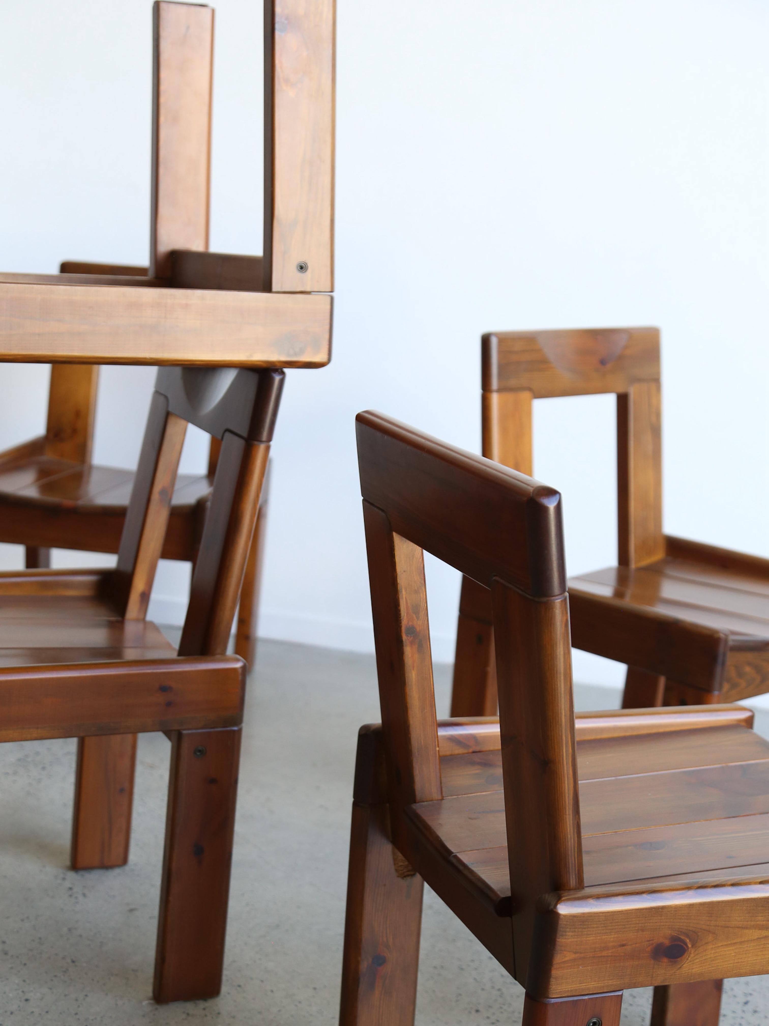 A set of 6 dining chairs by Silvio Coppola ( 1920 -1986) for Fratelli Montina. Stained pine wood, rich patina. Constructivist design with brutalist approach. Italy, circa 1970

Designer: Silvio Coppola
Manufacturer: Fratelli Montina 
Place of