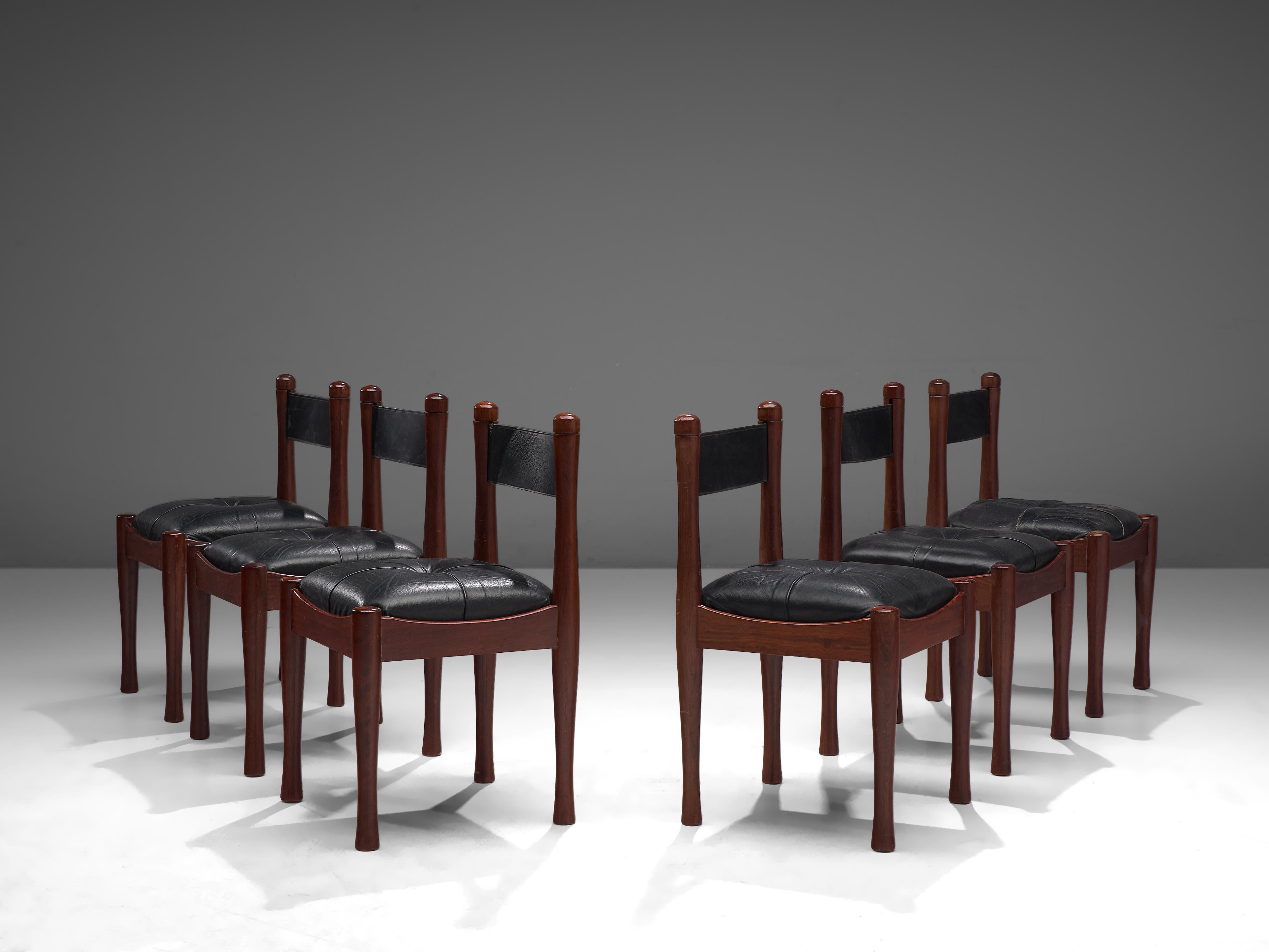Mid-Century Modern Silvio Coppola for Bernini Set of Six Dining Chairs in Wood and Leather For Sale