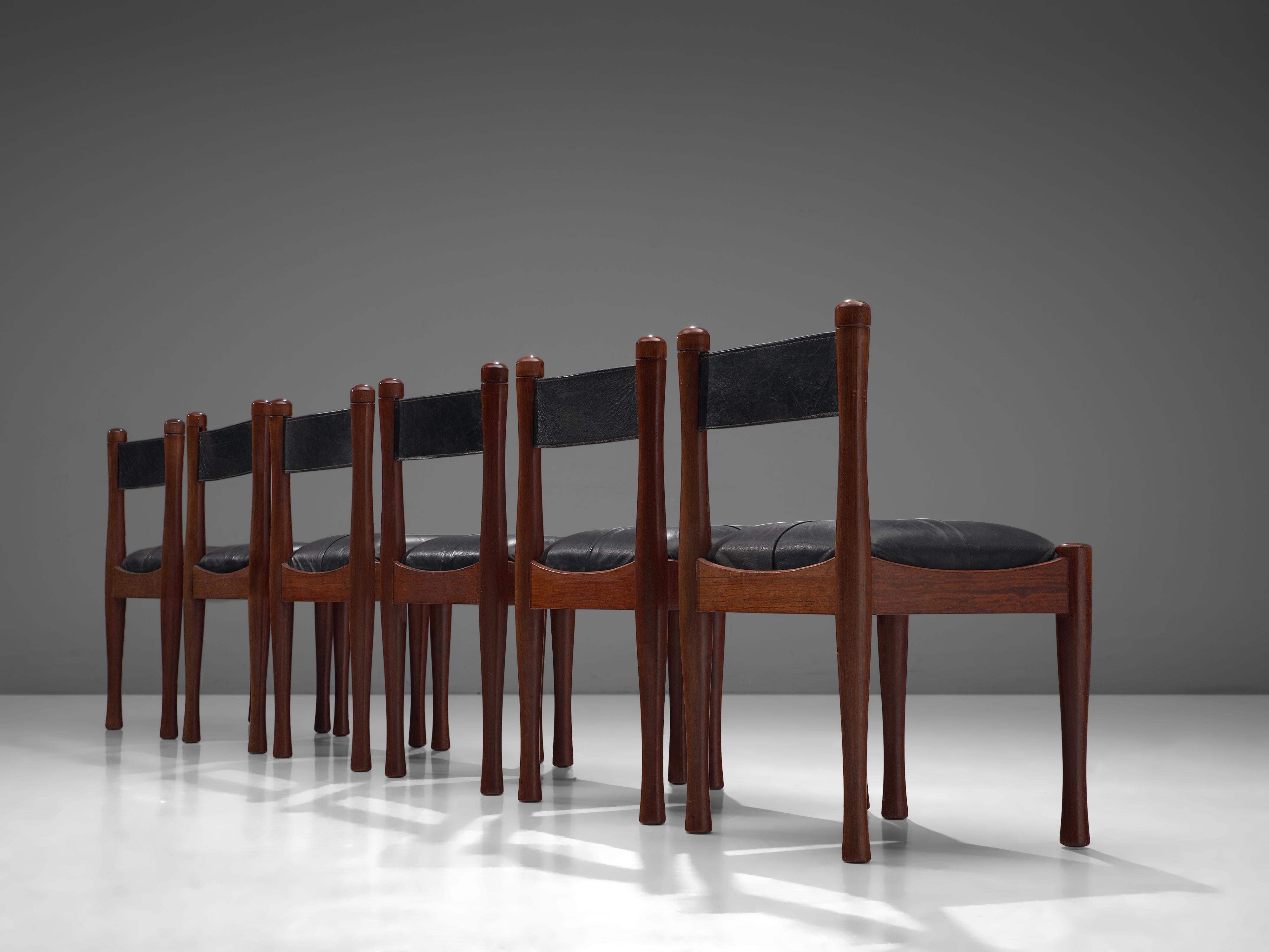 Mid-20th Century Silvio Coppola for Bernini Set of Six Dining Chairs in Wood and Leather For Sale
