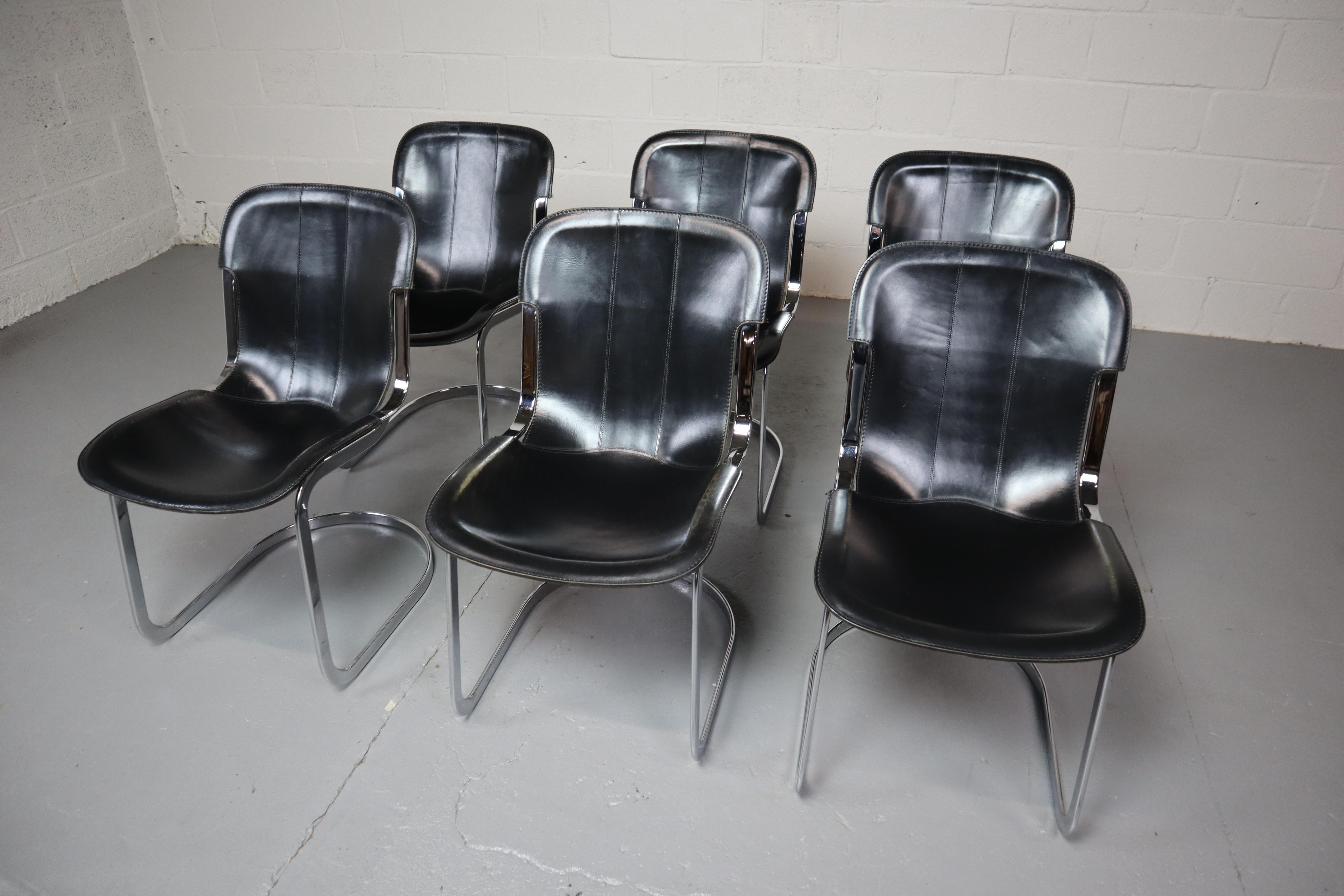 Mid-Century Modern Set of six dining chairs by Willy Rizzo for Cidue, Italy 1970's.