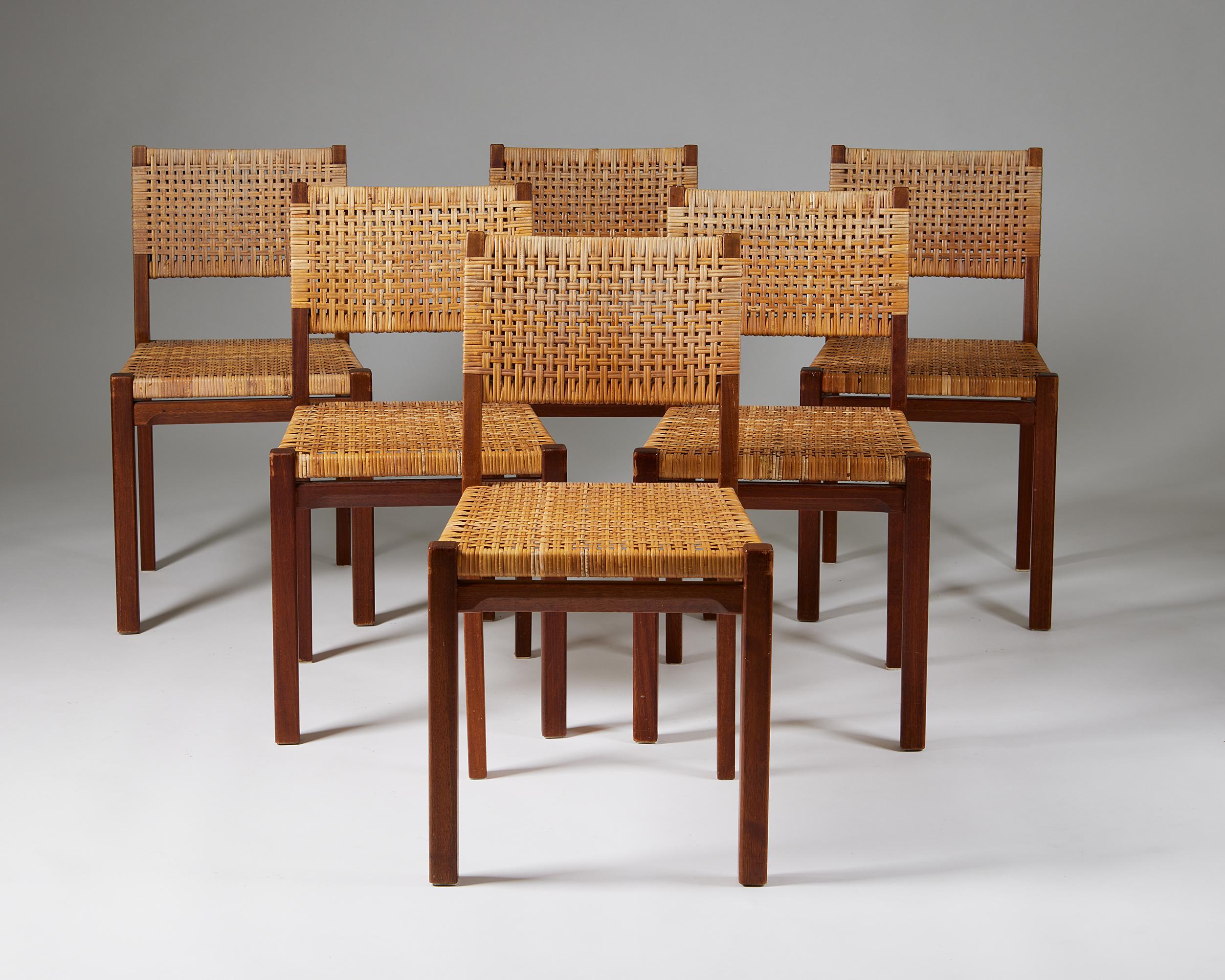 Set of six dining chairs designed by Aino Aalto,
Finland. 1950s.
Teak and cane.

Measures: H: 80 cm / 2' 7 1/2''
W: 44 cm / 17 1/4''
D: 45 cm / 17 3/4''
SH: 45 cm / 17 3/4''.
