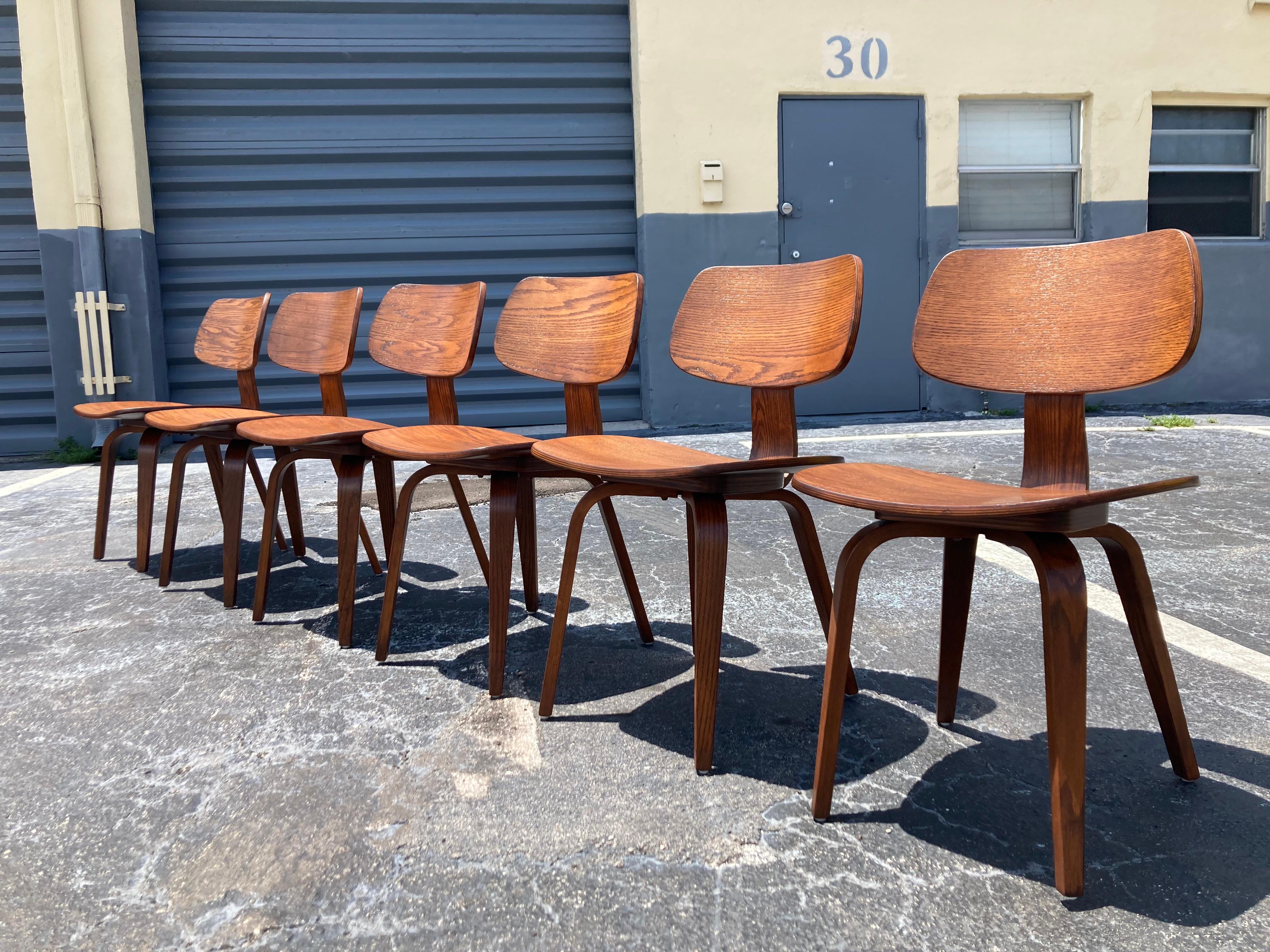 Set of Six Dining Chairs Designed by Bruno Weil for Thonet in the 1960s, oak plywood with a walnut lacquer finish. Ready for a new home, we have another set available.