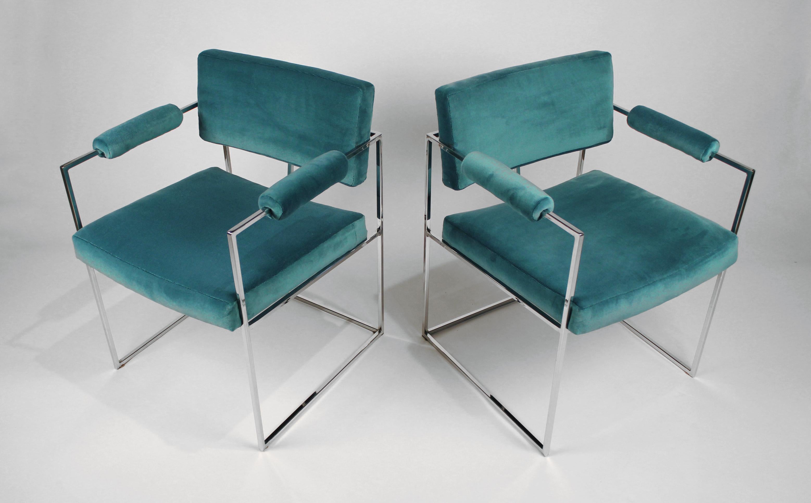 Set of six dining chairs designed by Milo Baughman. Constructed of polished chromed square steel with new Perennials velvet upholstery.