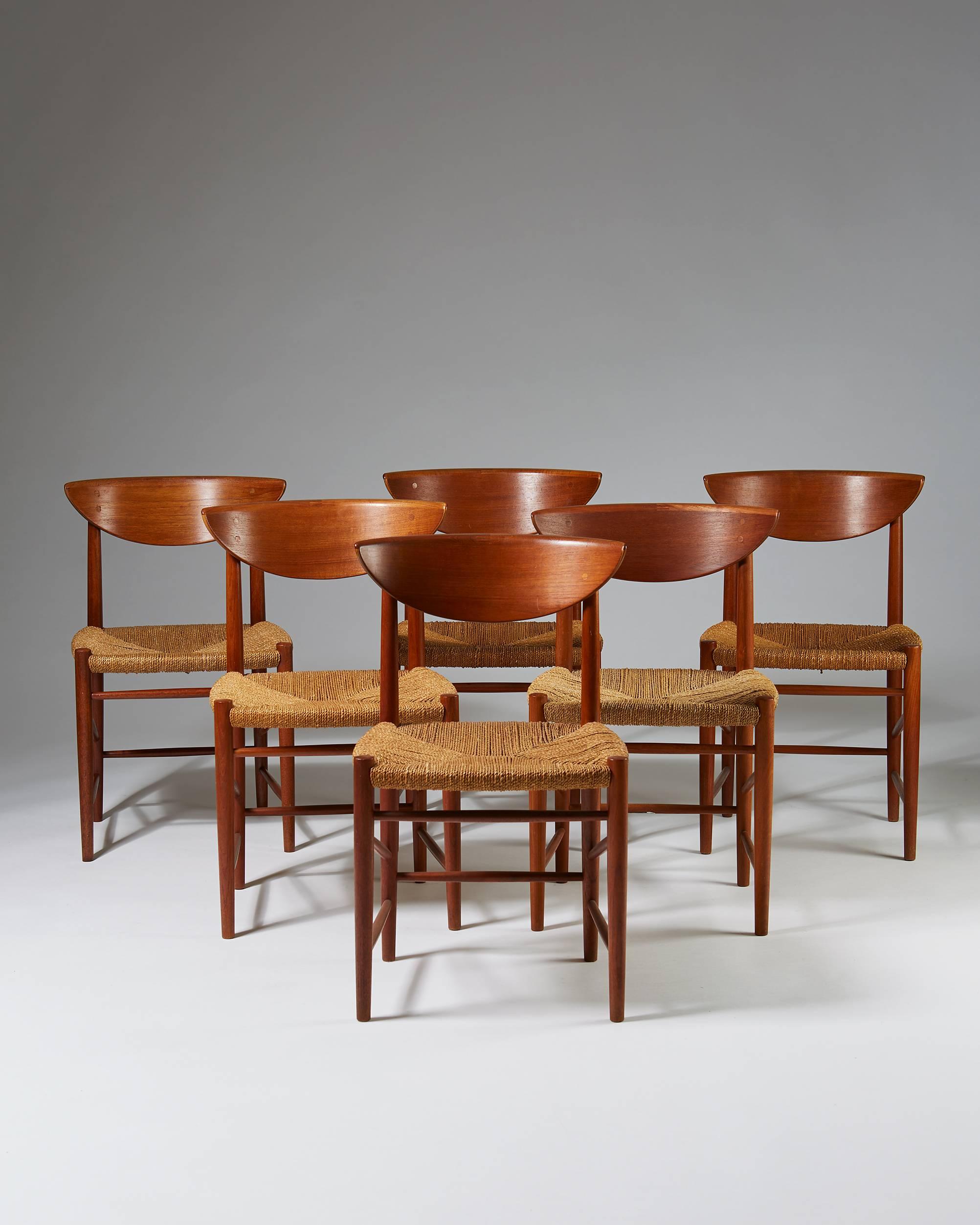 Set of six dining chairs designed by Peter Hvidt and Orla Möllgaard Nielsen for Söborg,
Denmark, 1950s.
Teak and sea grass.

Measures: H 77 cm/ 30 1/4''
W 45 cm/ 17 3/4''
D 42 cm/ 16 1/2''
Set height 43 cm/ 17''.