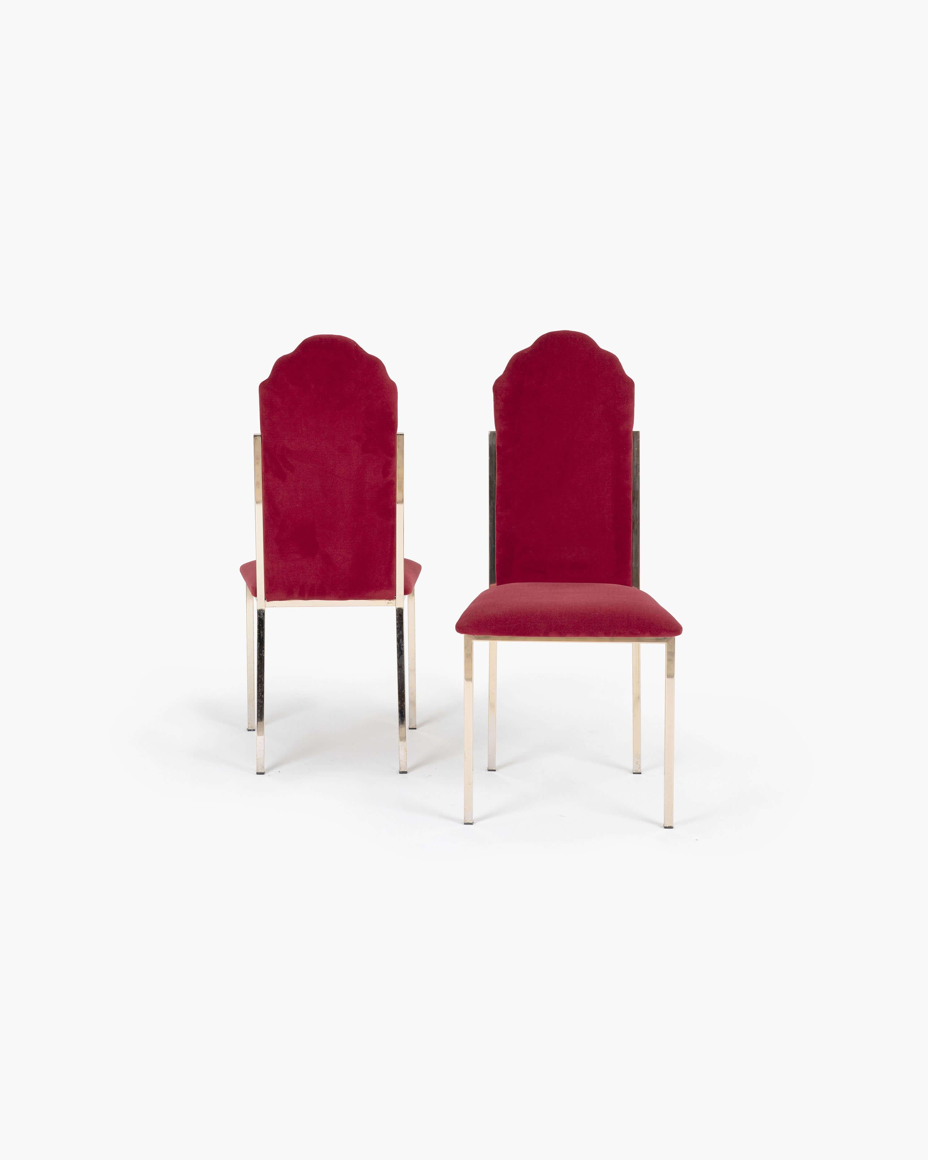 Hollywood Regency Set of Six Dining Chairs for Maison Jansen in Red Velvet Upholstery For Sale