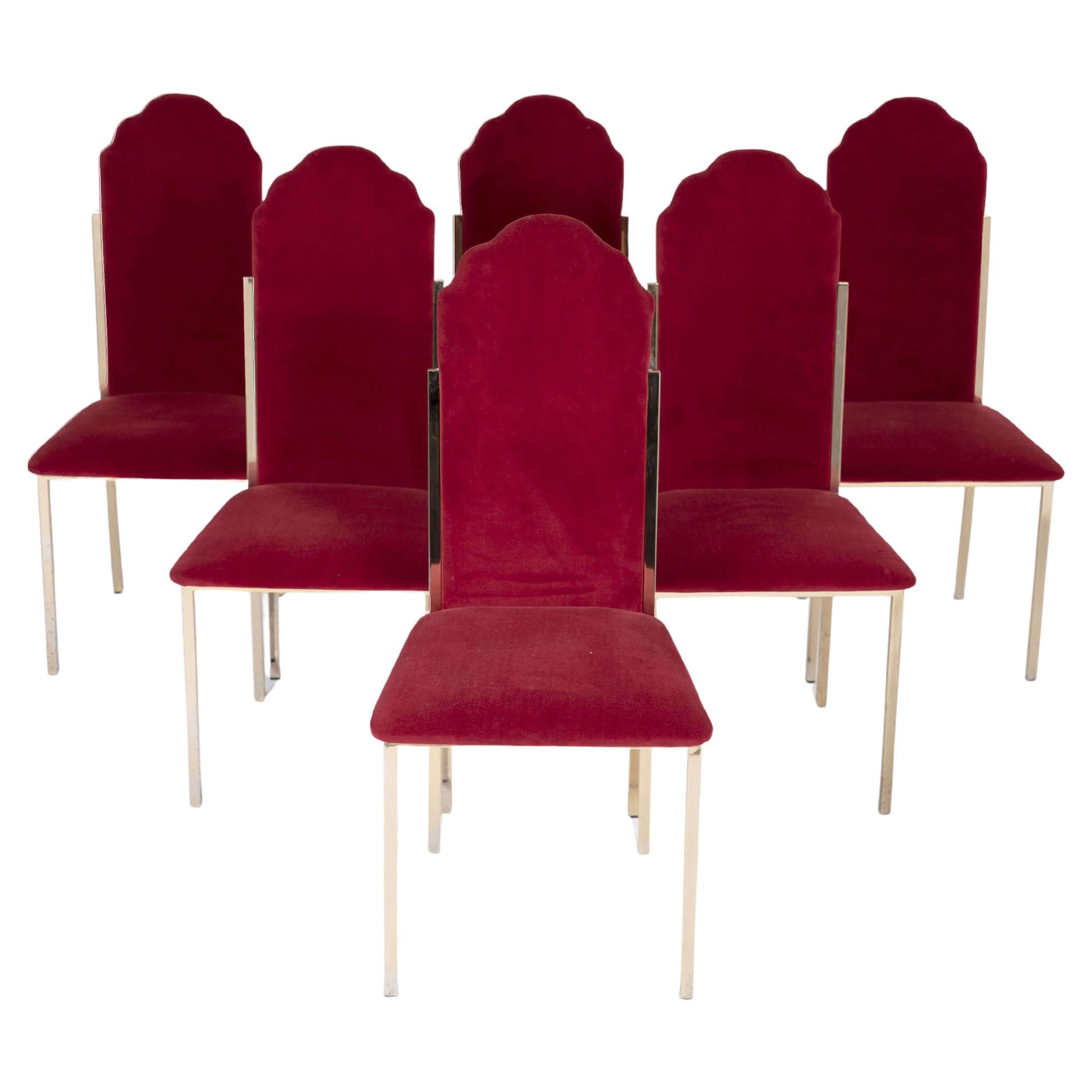 Set of Six Dining Chairs for Maison Jansen with Brass Frame & Velvet Upholstery