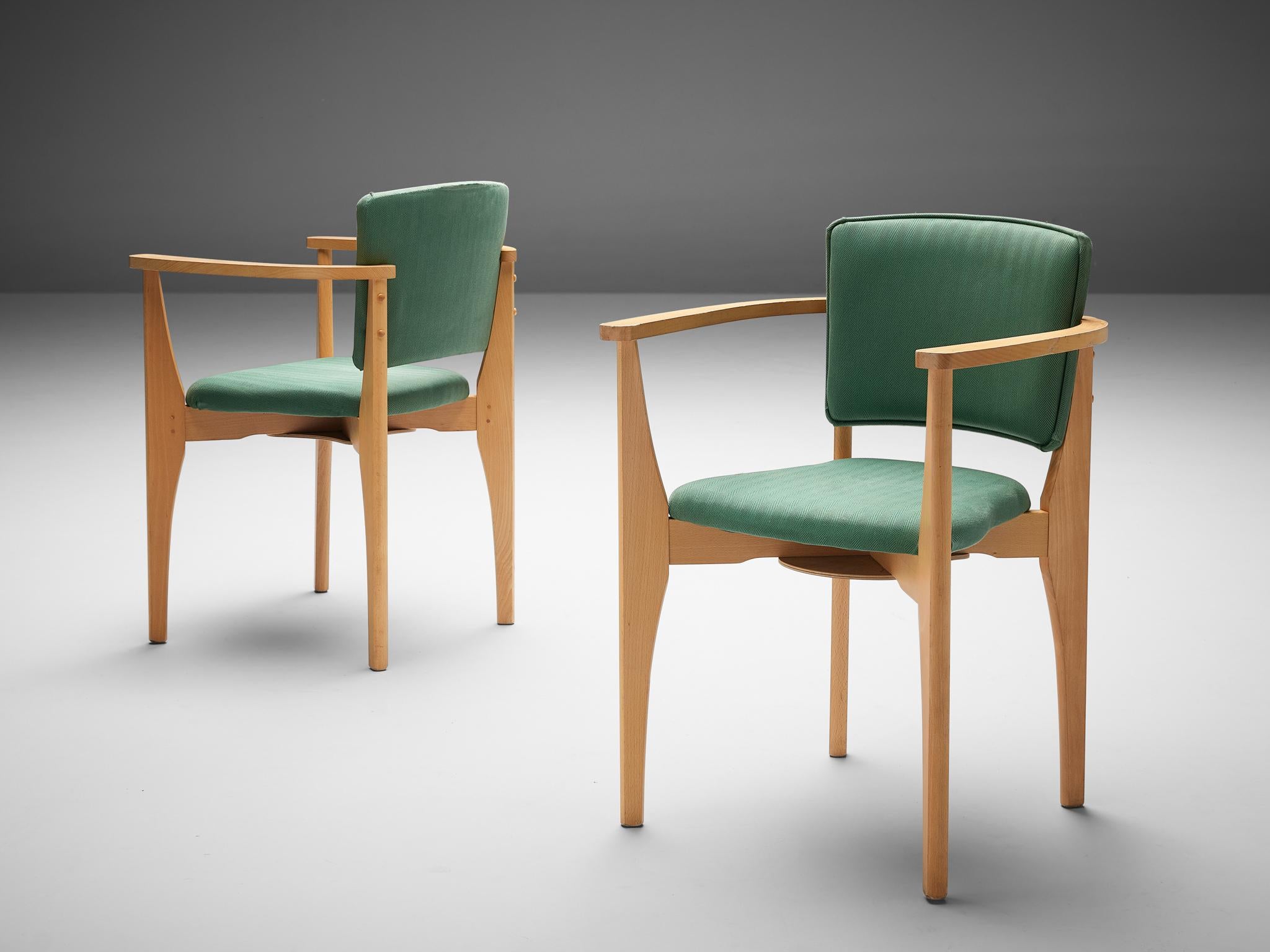 European Dining Chairs in Beech and Green Upholstery