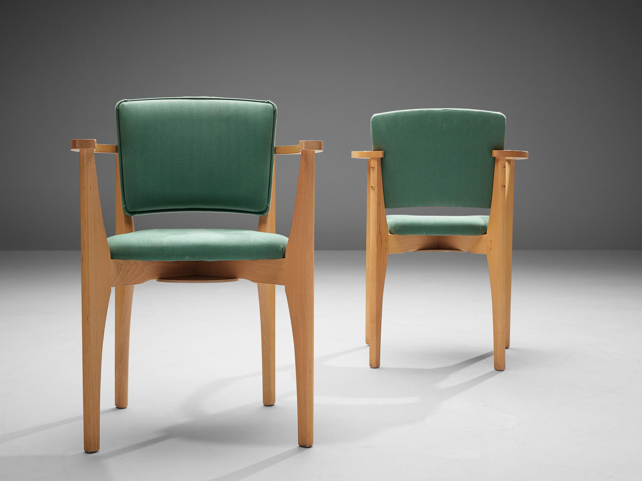 Set of Six Dining Chairs in Beech and Green Upholstery 2