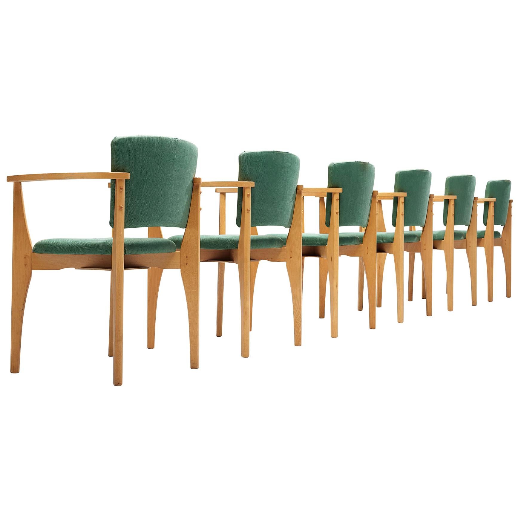 Set of Six Dining Chairs in Beech and Green Upholstery