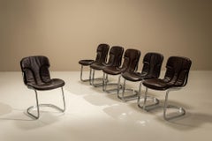Set of Six Dining Chairs in Chrome and Leather for Cidue, Italy 1970s