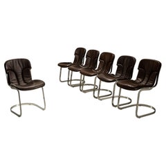 Set of Six Dining Chairs in Chrome and Leather for Cidue, Italy 1970s