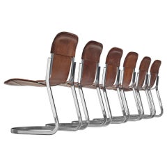 Set of Six Dining Chairs in Cognac Leather by Cidue, Italy
