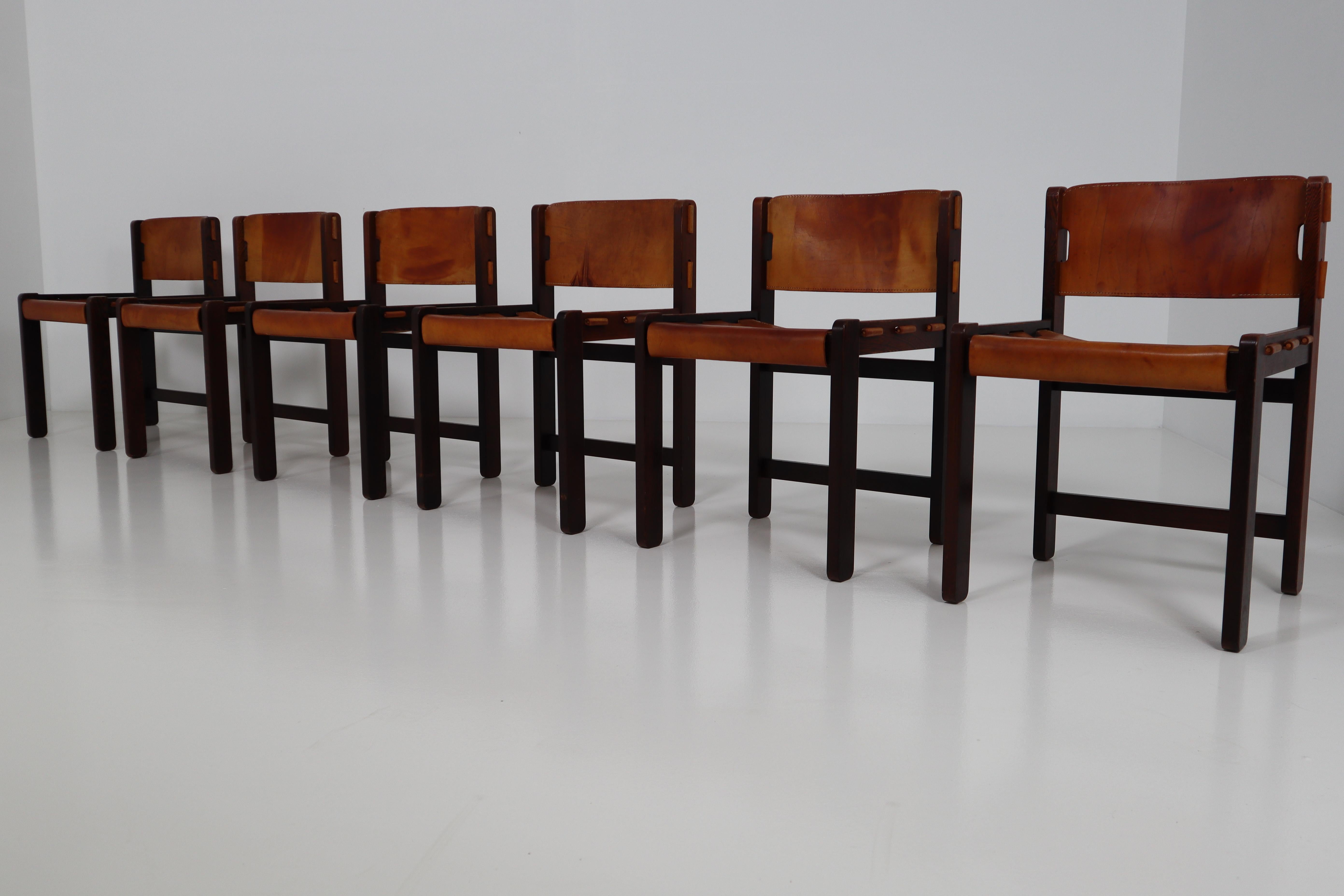 Dutch Set of Six Dining Chairs in Gorgeous Thick Cognac Saddle Leather in Oak