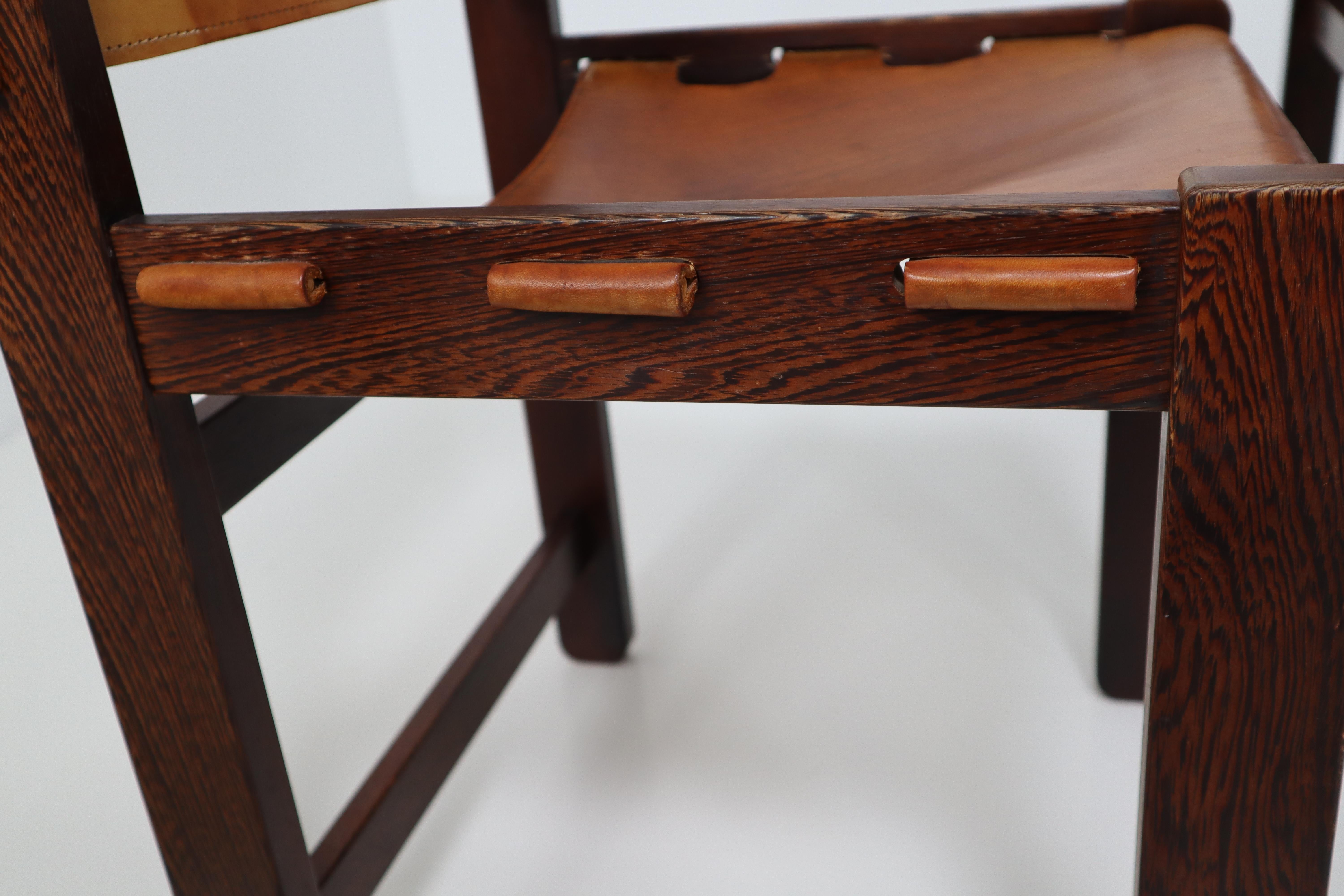 Late 20th Century Set of Six Dining Chairs in Gorgeous Thick Cognac Saddle Leather in Oak