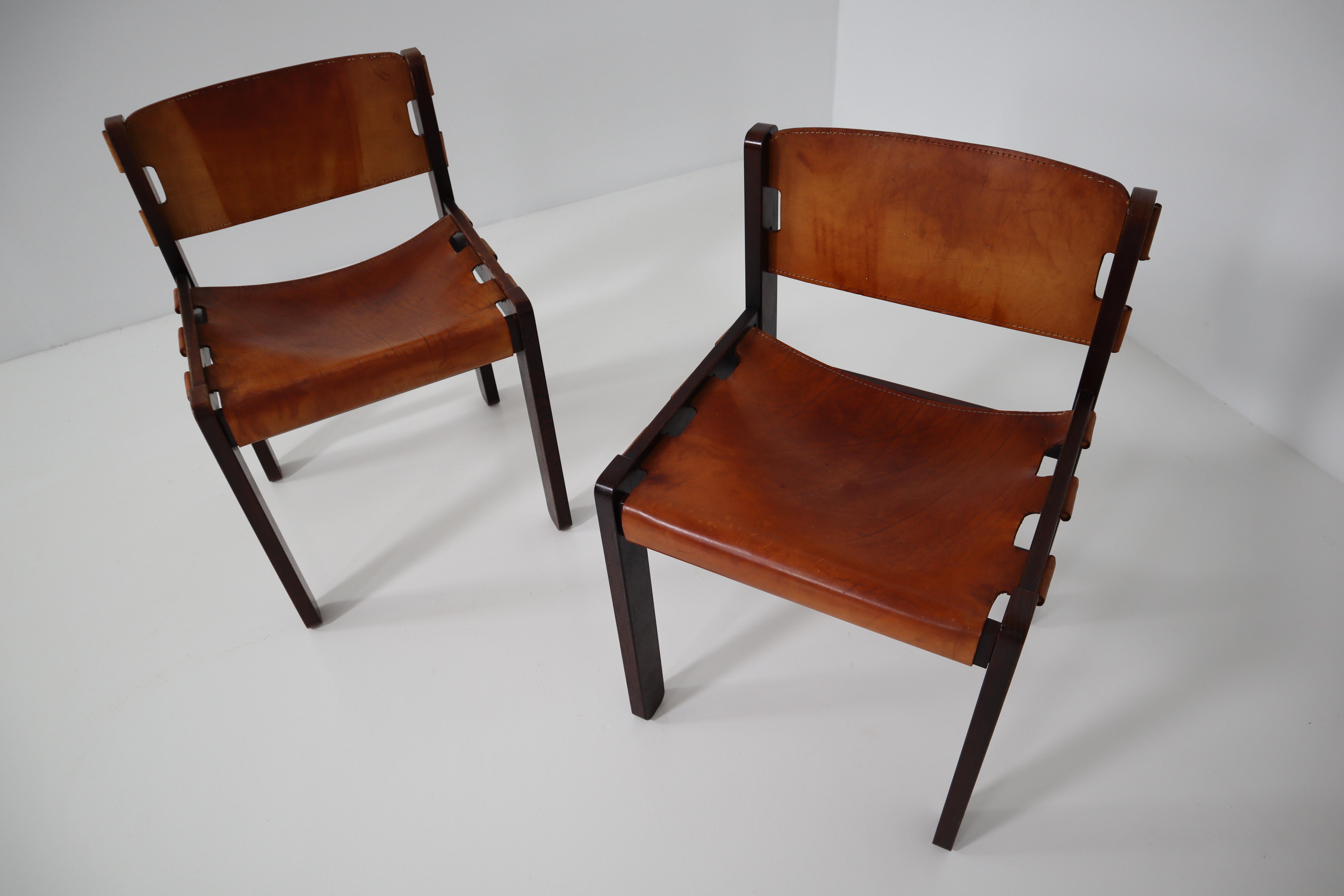 Set of Six Dining Chairs in Gorgeous Thick Cognac Saddle Leather in Oak 1