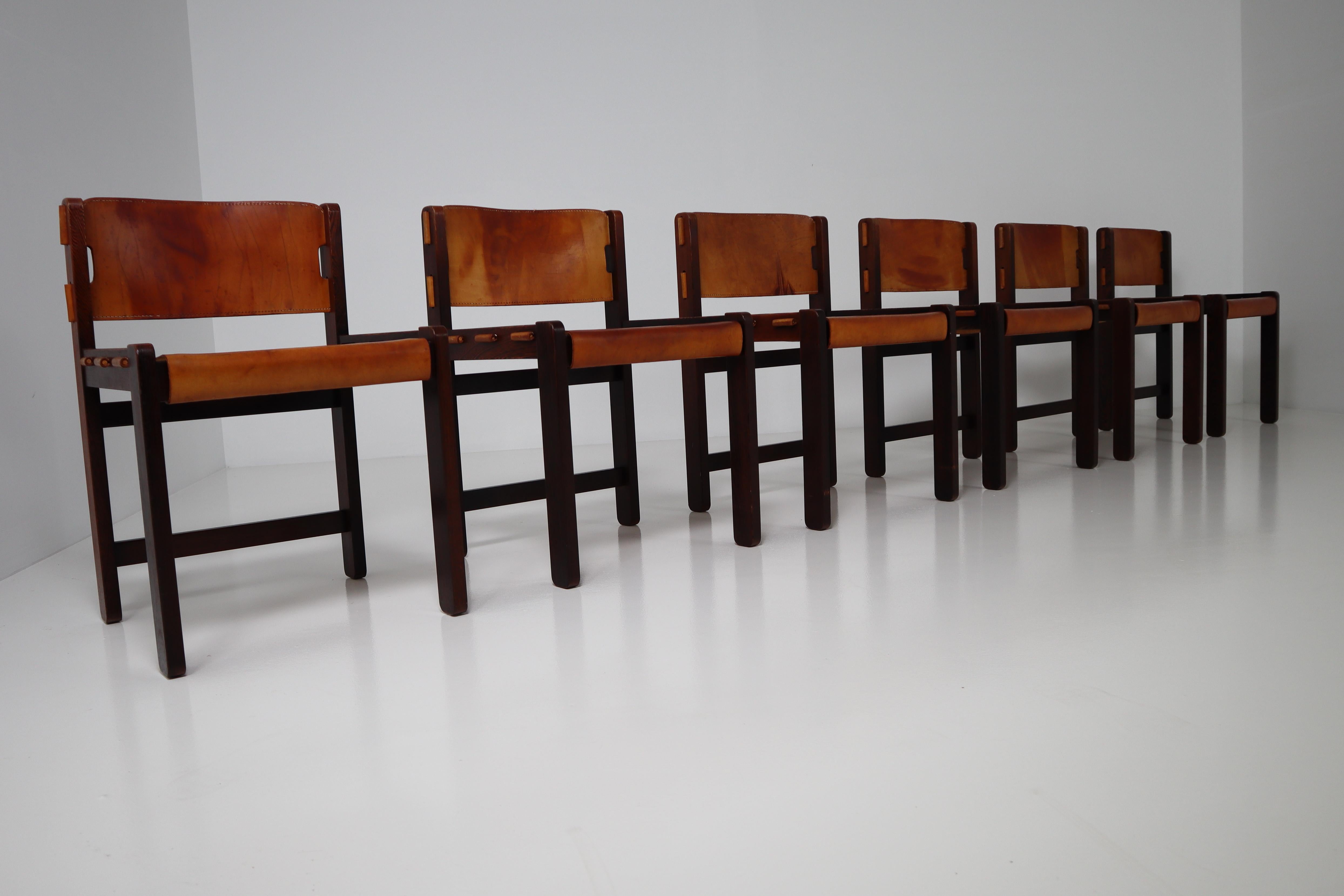 Set of Six Dining Chairs in Gorgeous Thick Cognac Saddle Leather in Oak 2