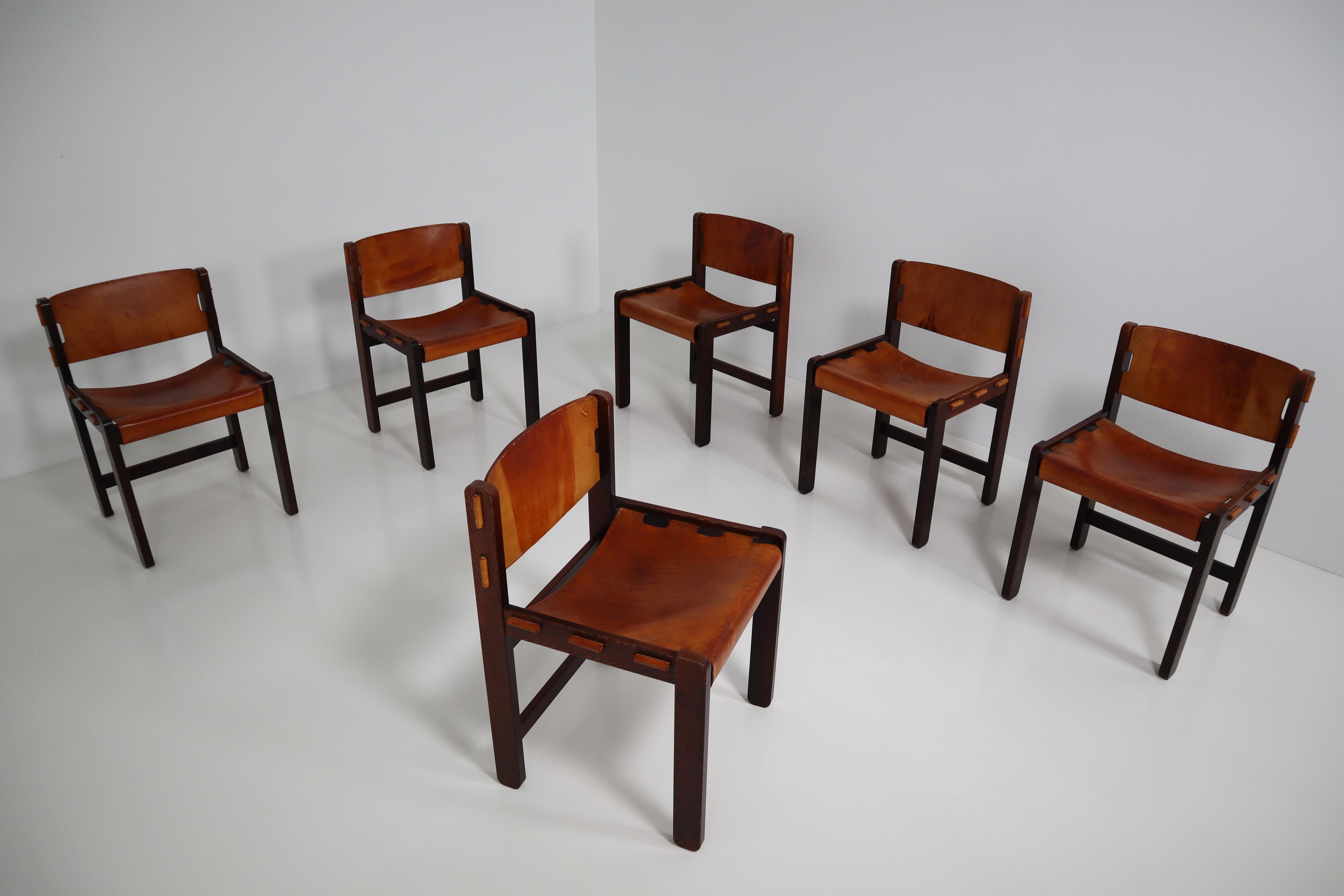 Set of Six Dining Chairs in Gorgeous Thick Cognac Saddle Leather in Oak 3