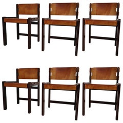 Set of Six Dining Chairs in Gorgeous Thick Cognac Saddle Leather in Oak