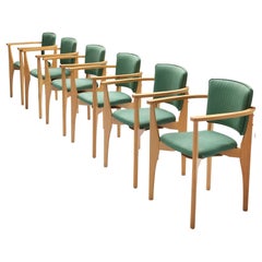 Set of Six Dining Chairs in Green Upholstery