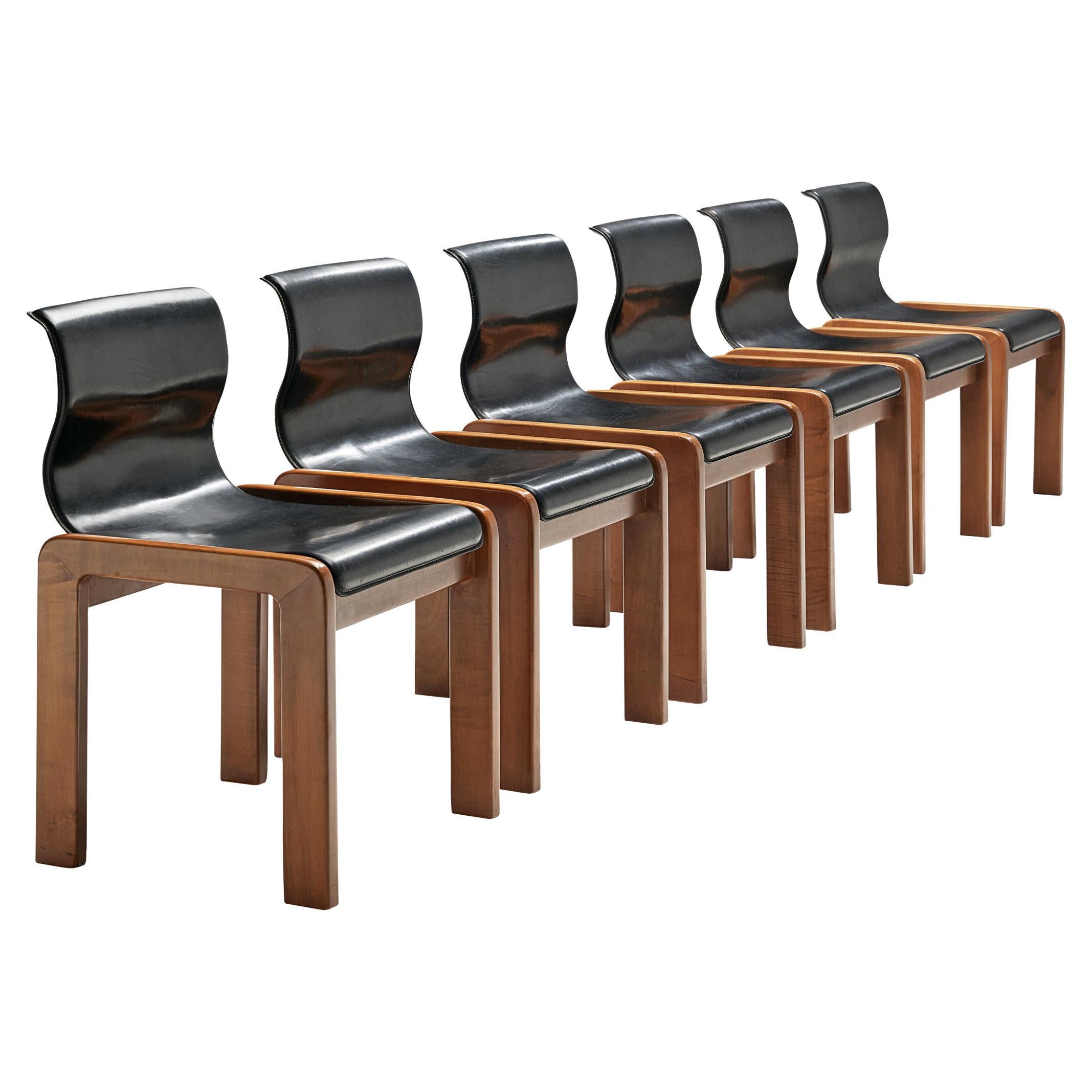 Set of Six Dining Chairs in Leather and Walnut