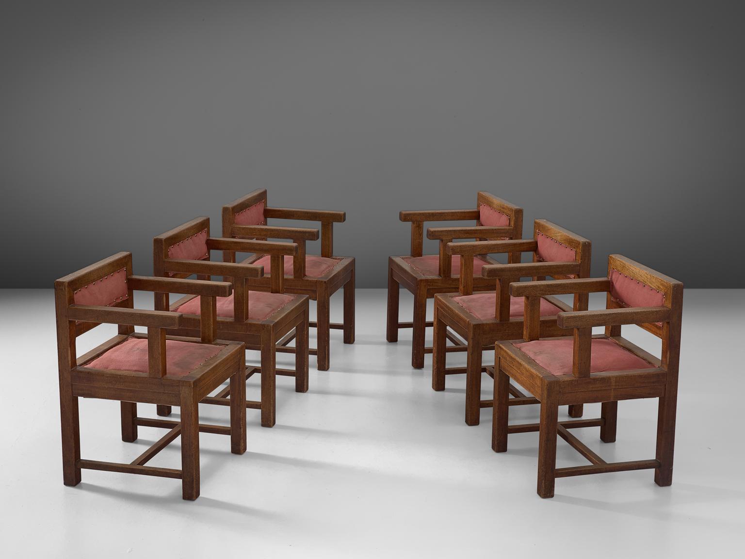 Set of six armchairs, in mahogany and fabric, attributed to Sarah Lipska, France, 1930s.

Set of six cubic dining chairs in mahogany with red fabric upholstery. These chairs have a clear design of straight lines. No diagonals or curves, just