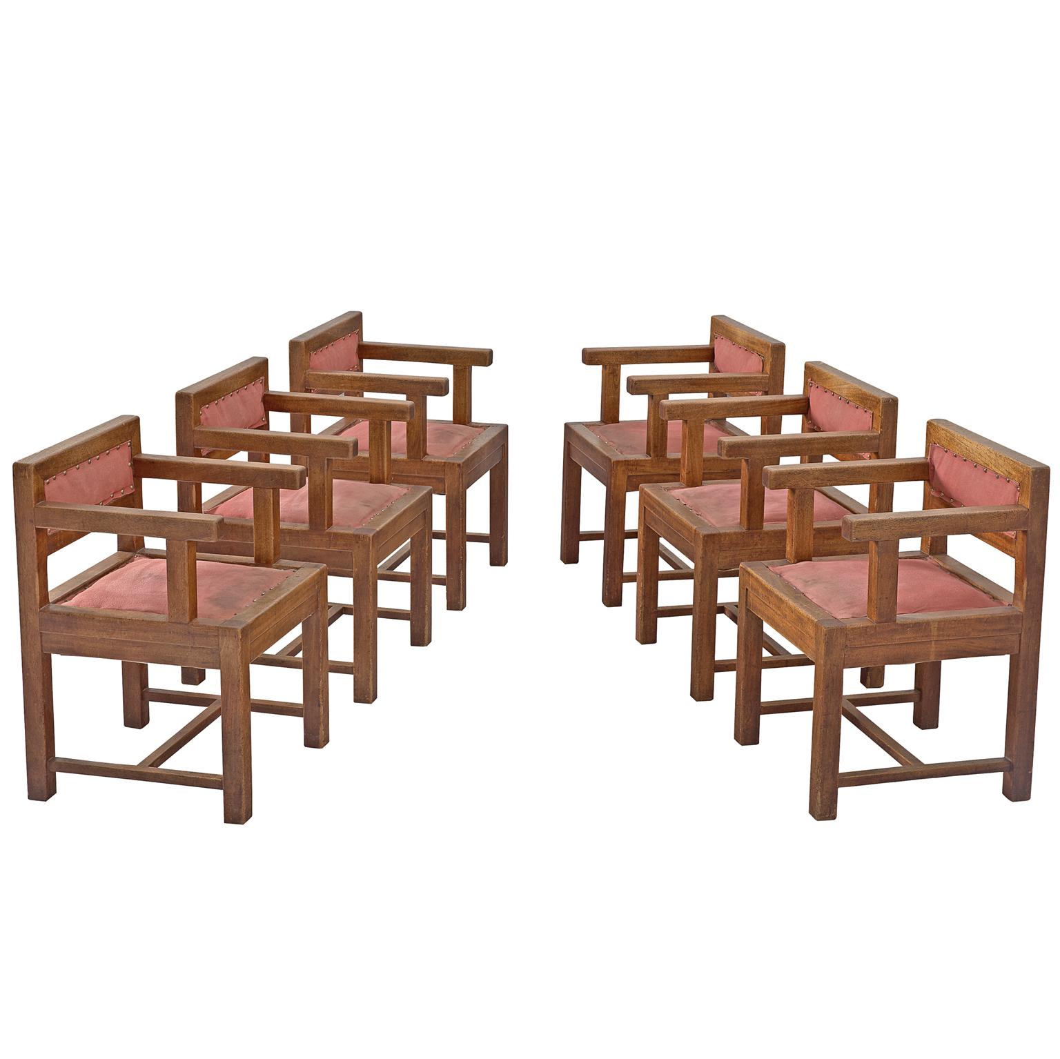 Set of Six Dining Chairs in Mahogany and Red Fabric Upholstery