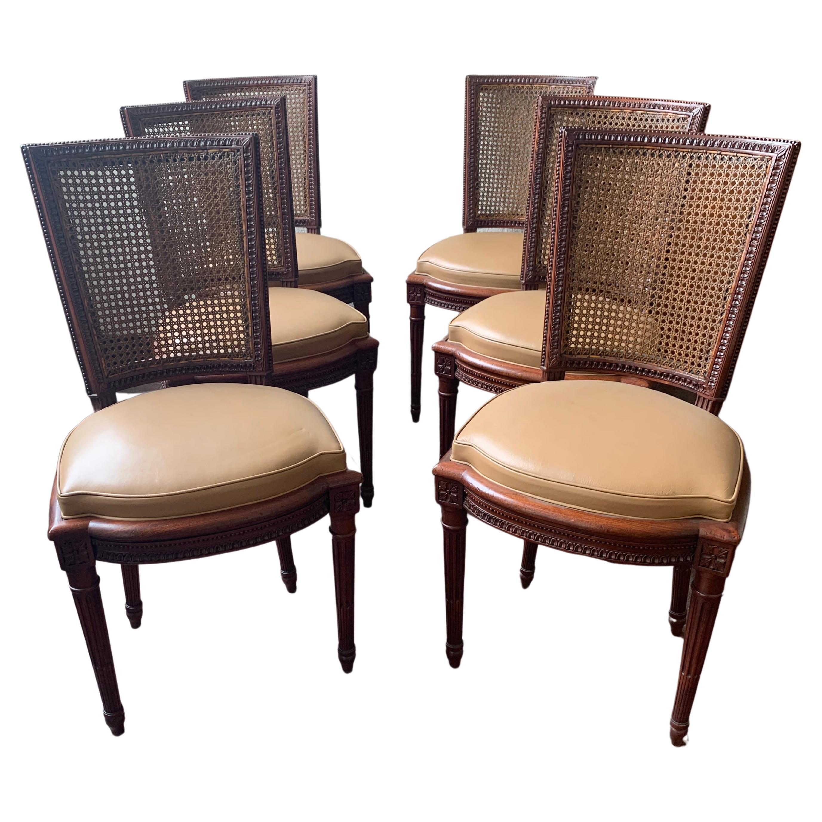 Set aus sechs Esszimmerstühlen aus Mahagoni im Louis-XVI-Stil
