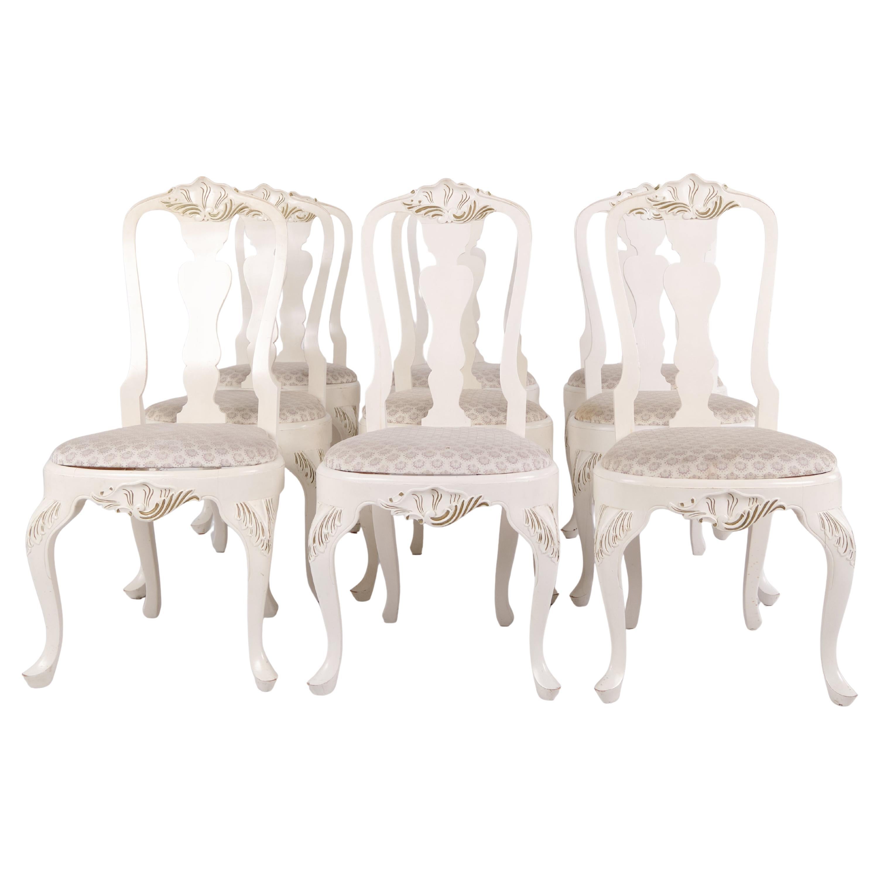 Set Of Six Dining Chairs In Neo Rococo Style Made In White Painted From 1920s For Sale