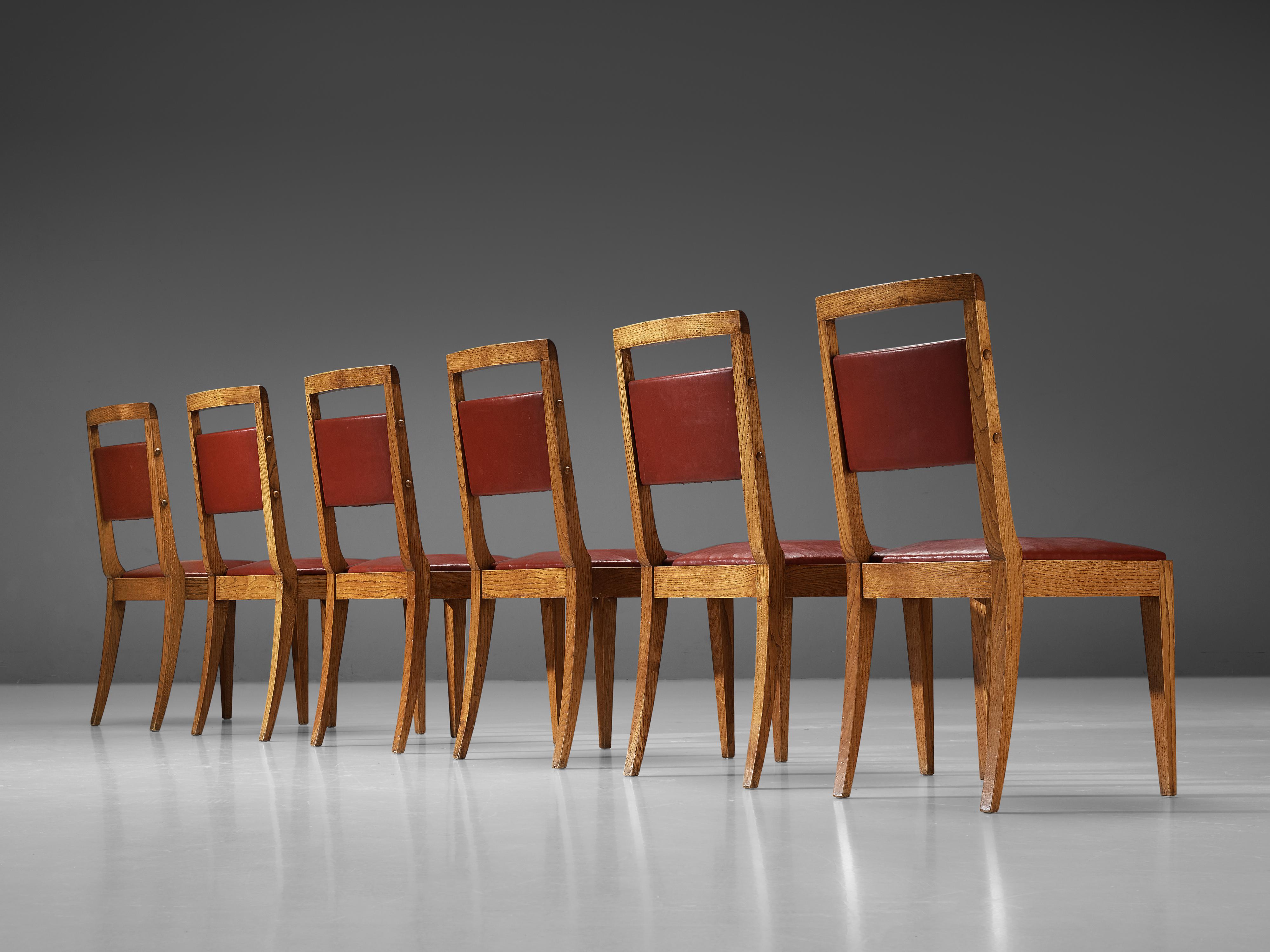 Mid-20th Century Set of Six Dining Chairs in Oak and Red Leatherette