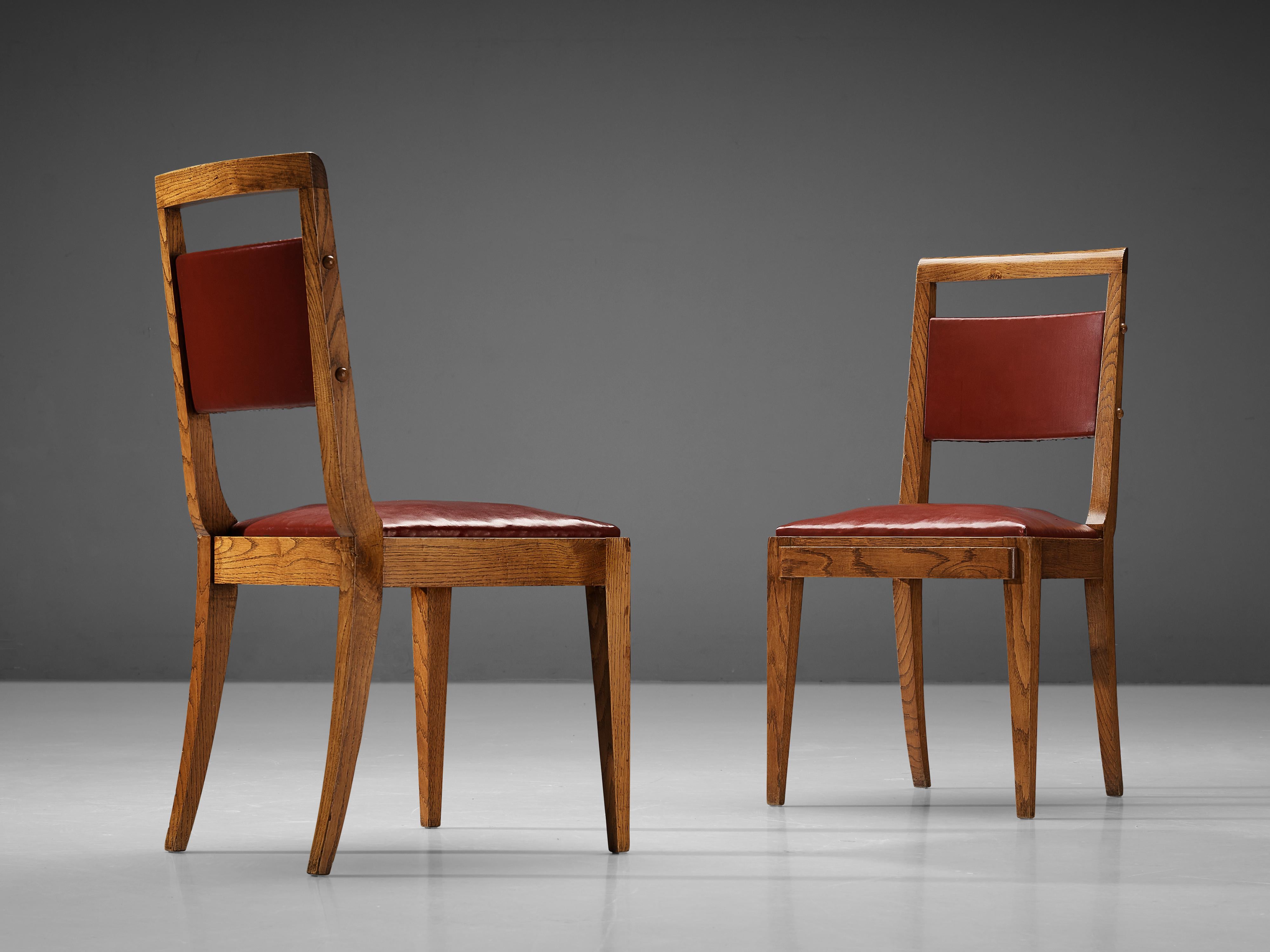 Faux Leather Set of Six Dining Chairs in Oak and Red Leatherette