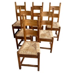 Set of Six Dining Chairs in Oak and Rush, Belgium, 1940-50's
