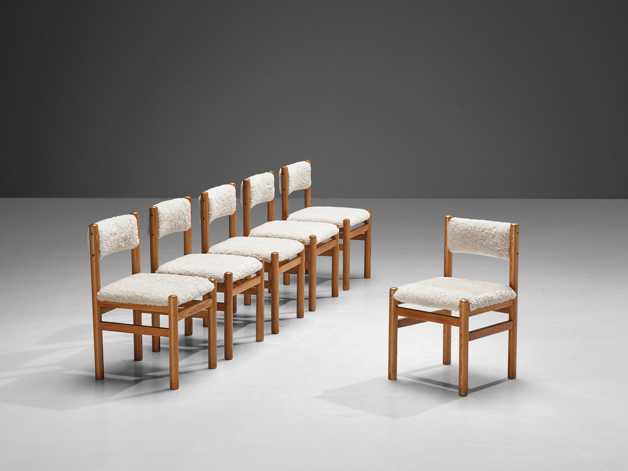 TON, set of six dining chairs, pine, reupholstered in sheepskin 