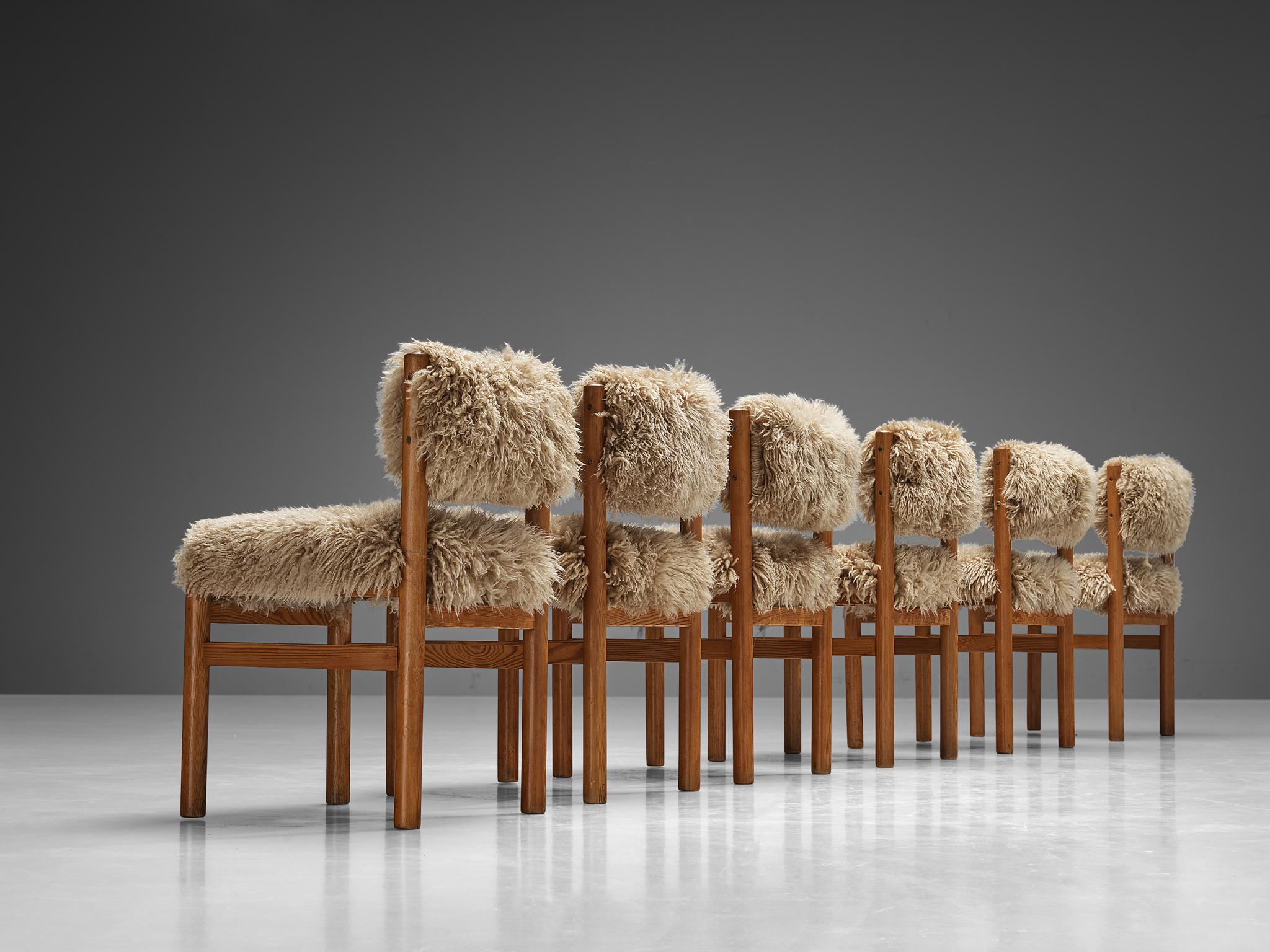 Czech Set of Six Dining Chairs in Pine and Sheepskin  For Sale