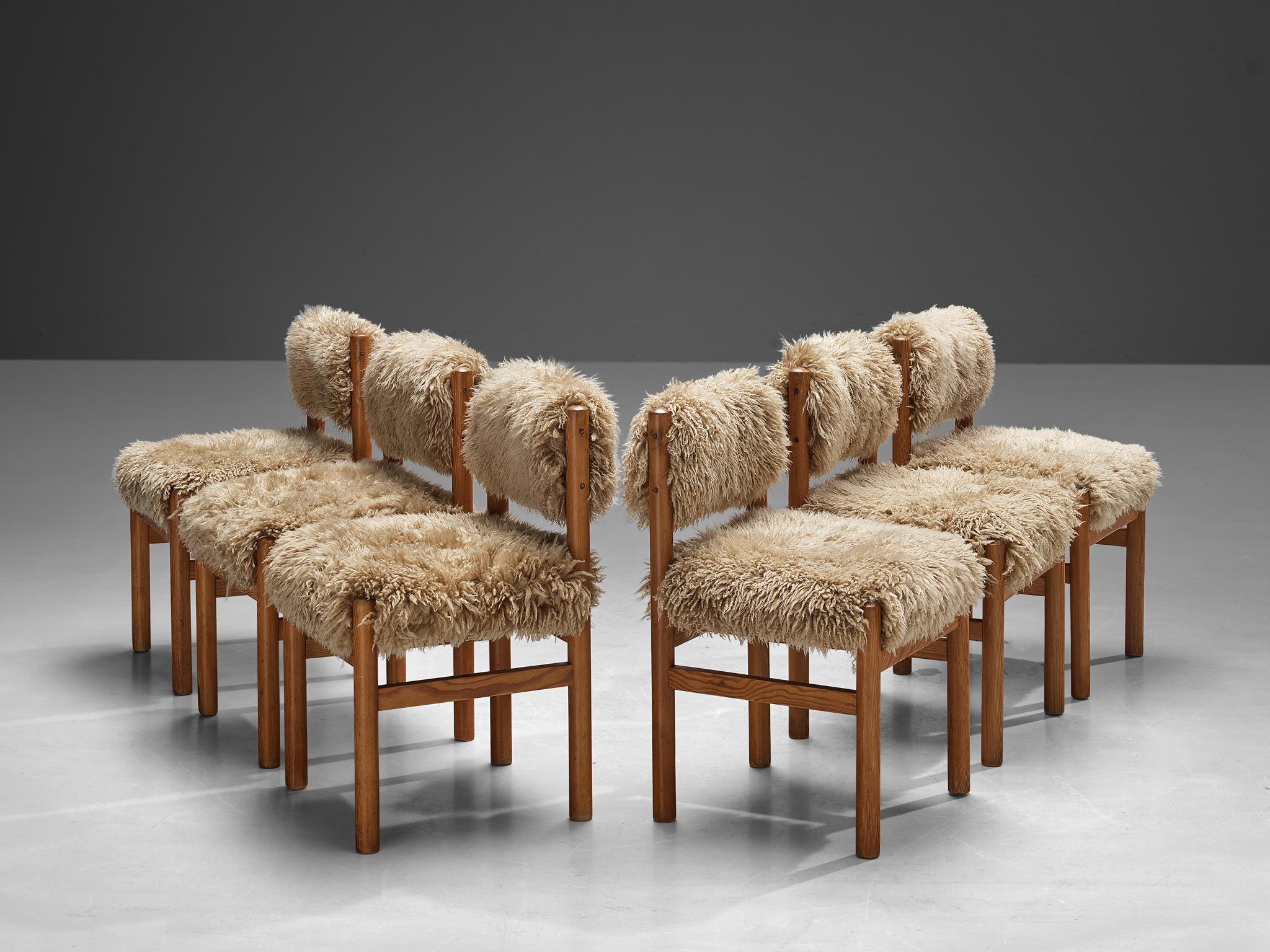 Mid-20th Century Set of Six Dining Chairs in Pine and Sheepskin  For Sale