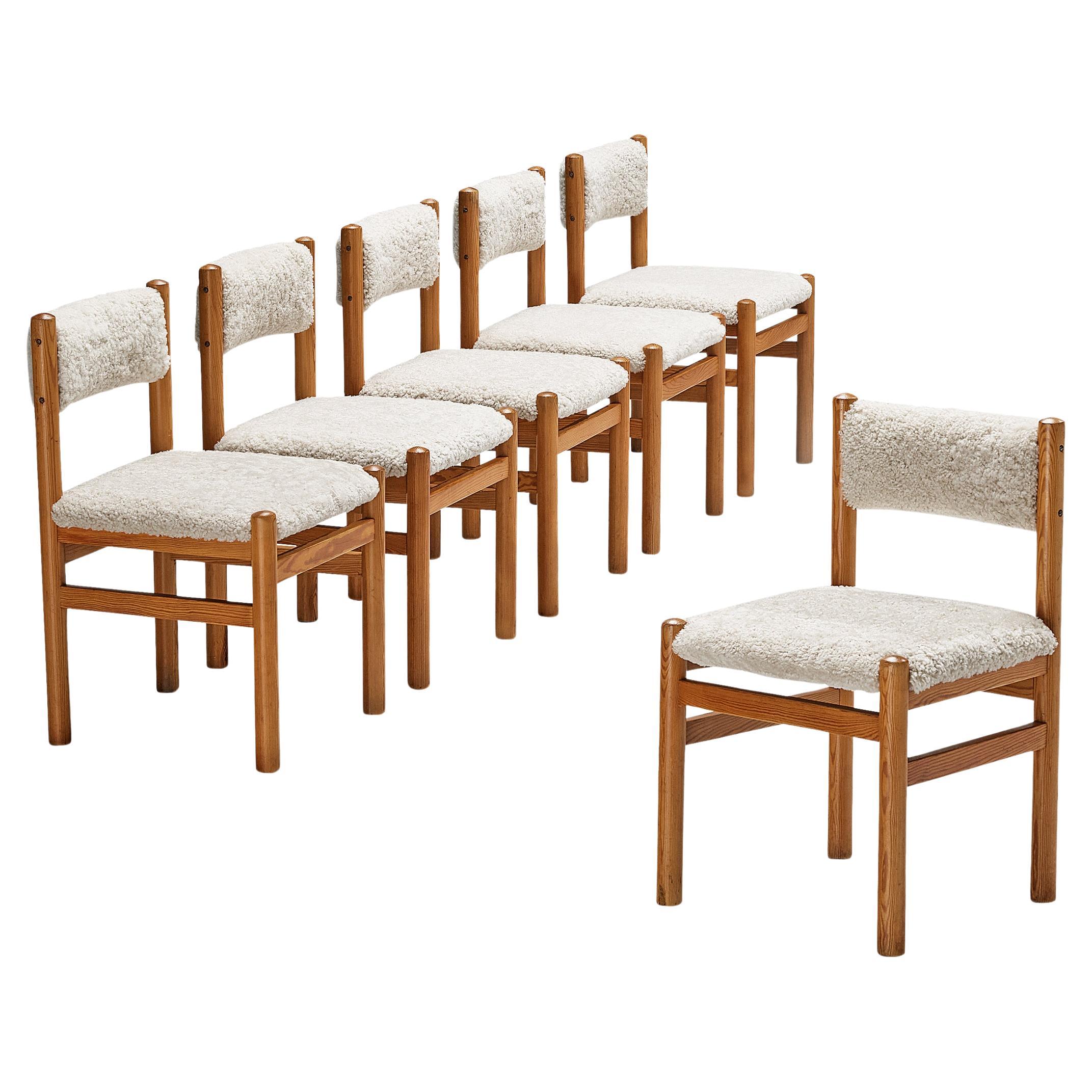 Set of Six Dining Chairs in Pine and Sheepskin  For Sale